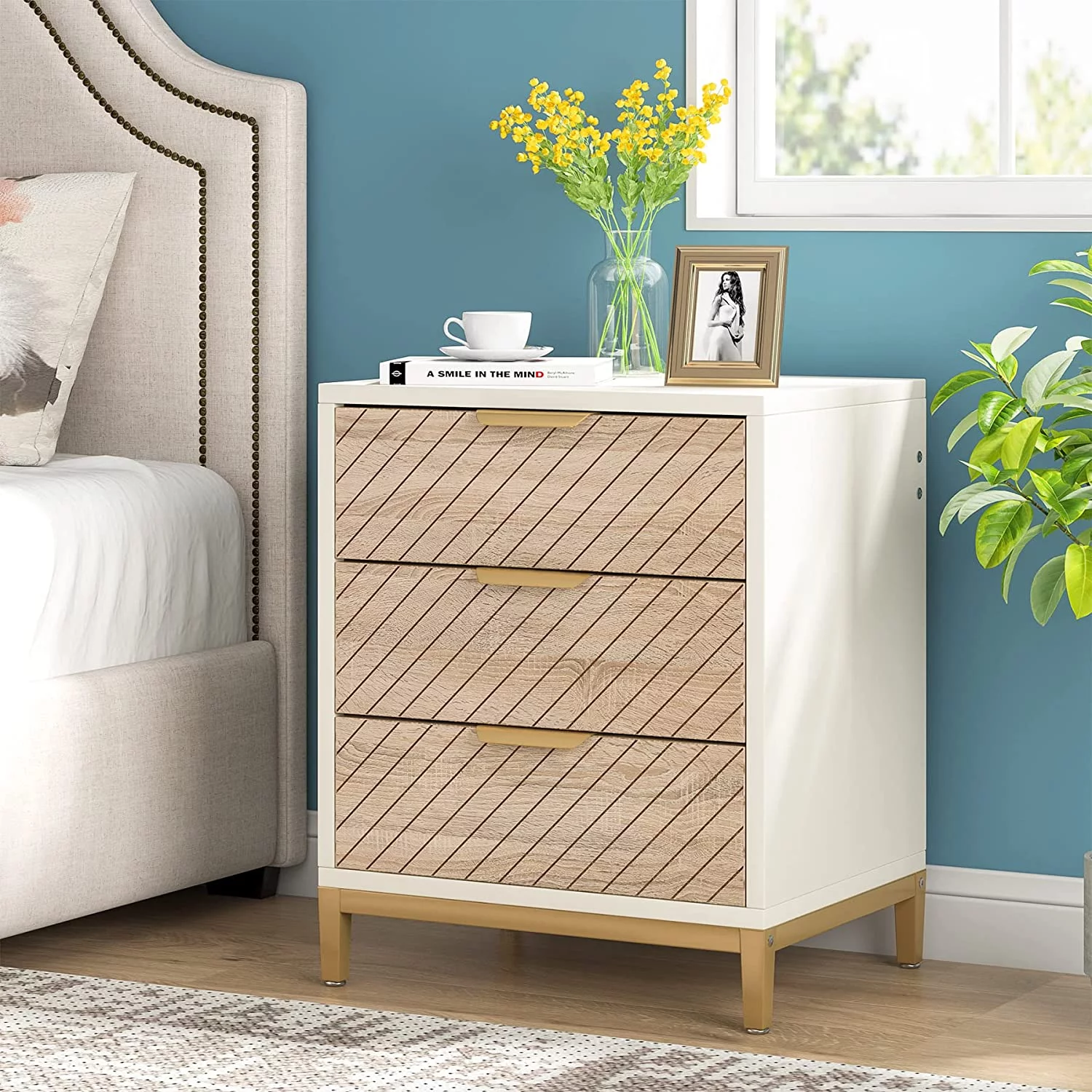 Night Stands for Bedrooms, Tribesigns White and Gold Light Wood Grain Nightstands with 3 Drawers Bedside End Tables Storage for Living Room