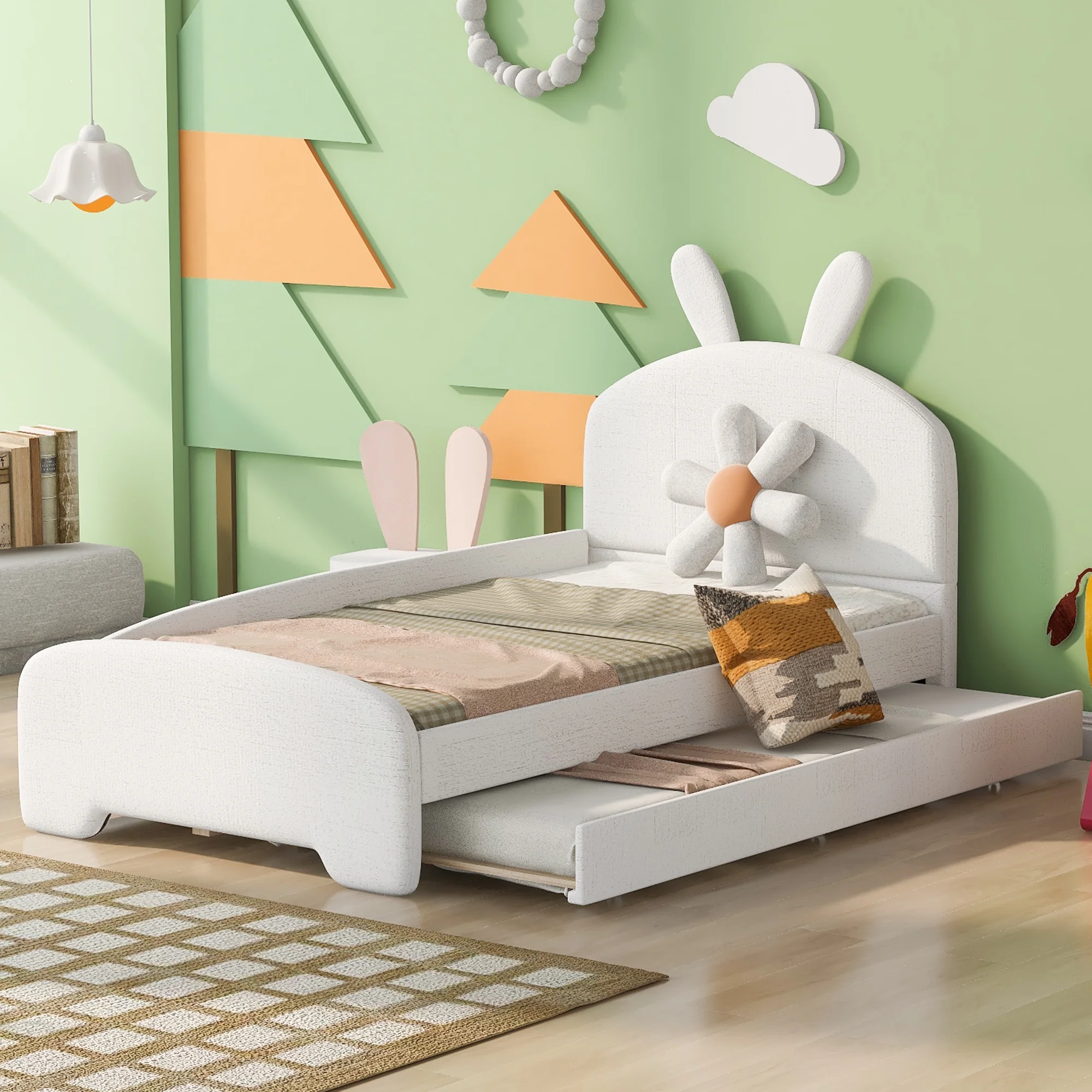 Twin Size Upholstered Platform Bed with Cartoon Ears Shaped Headboard and Trundle, Upholstered Platform Bed Frame with Headboard(White, Twin)