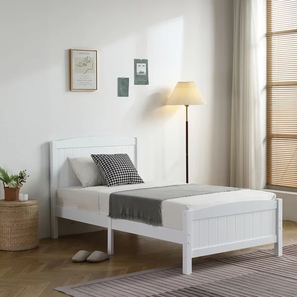 Fithood Twin Pine Single-Layer Core Vertical Stripe Full-Board Curved Bed Head With The Same Bed Foot White Wooden Bed(Alternate code: 58465471)