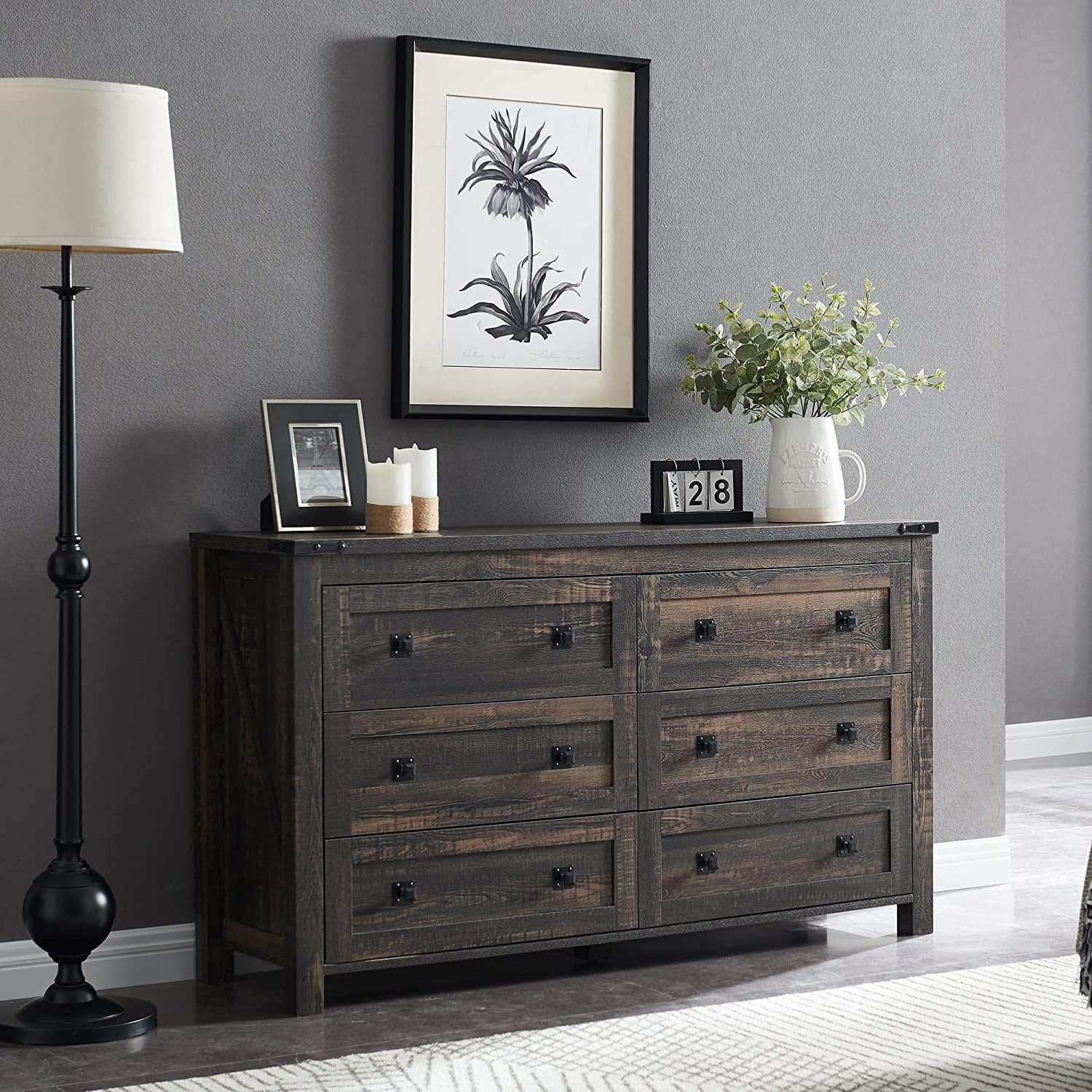 Farmhouse 5 Drawers Dresser Chests for Bedroom Wood Rustic Tall Chset of Drawers Dressers Organizer for Bedroom Living Room Hallway Dark Rustic Oak