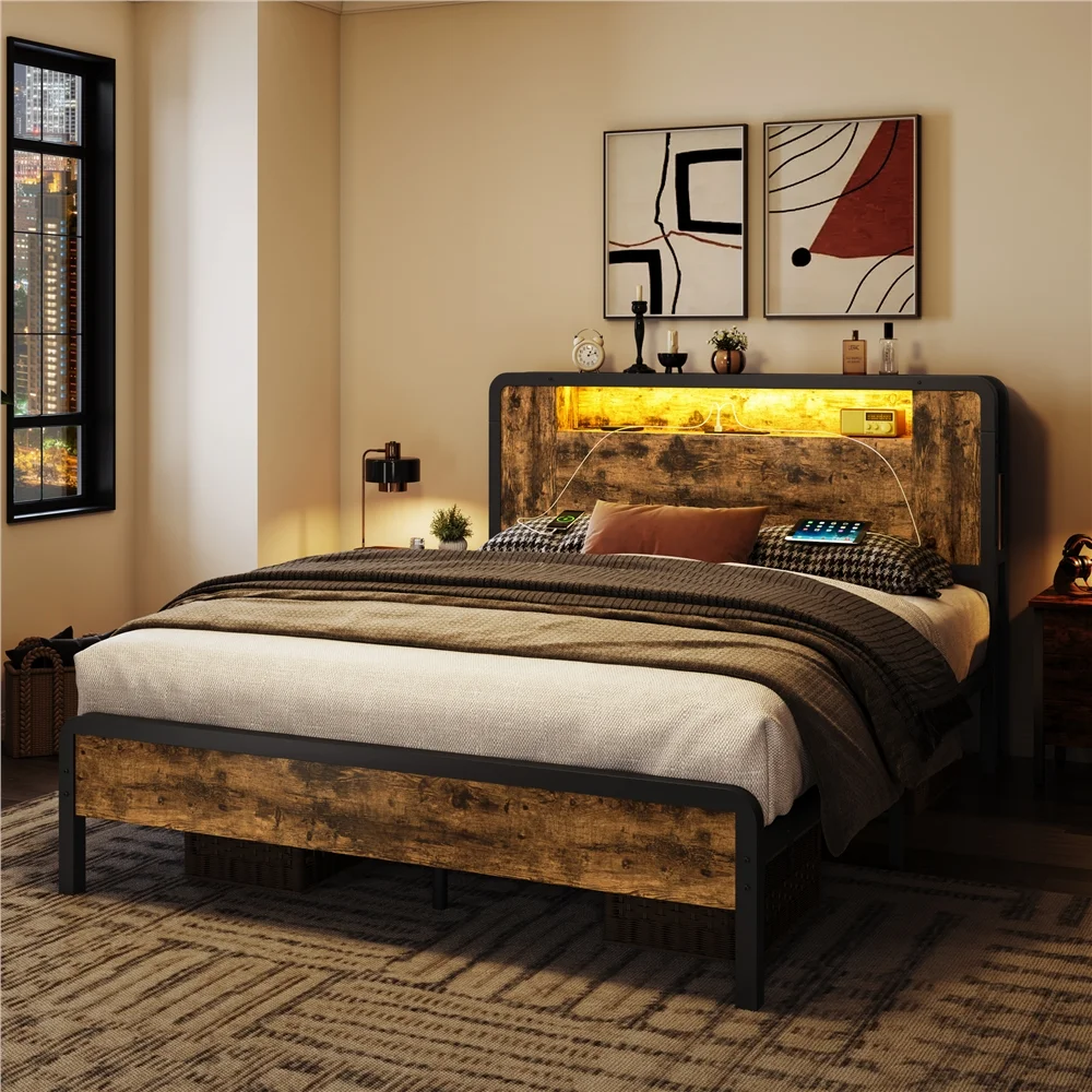 Yaheetech Metal Platform Bed with Wooden Headboard and Charging Station, Full, Rustic Brown