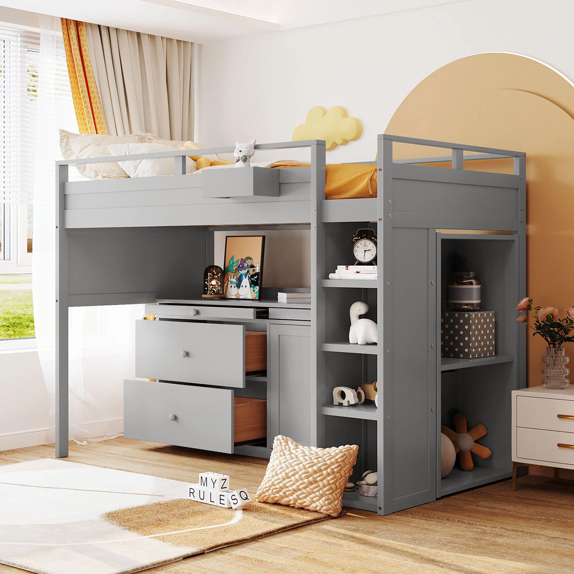 Twin Solid Wood High Loft Bed with Desk, Storage Drawers and Portable Cabinet Fitted with Base Wheels, Thickened Wooden Higher Quality Loft Bed with Storage