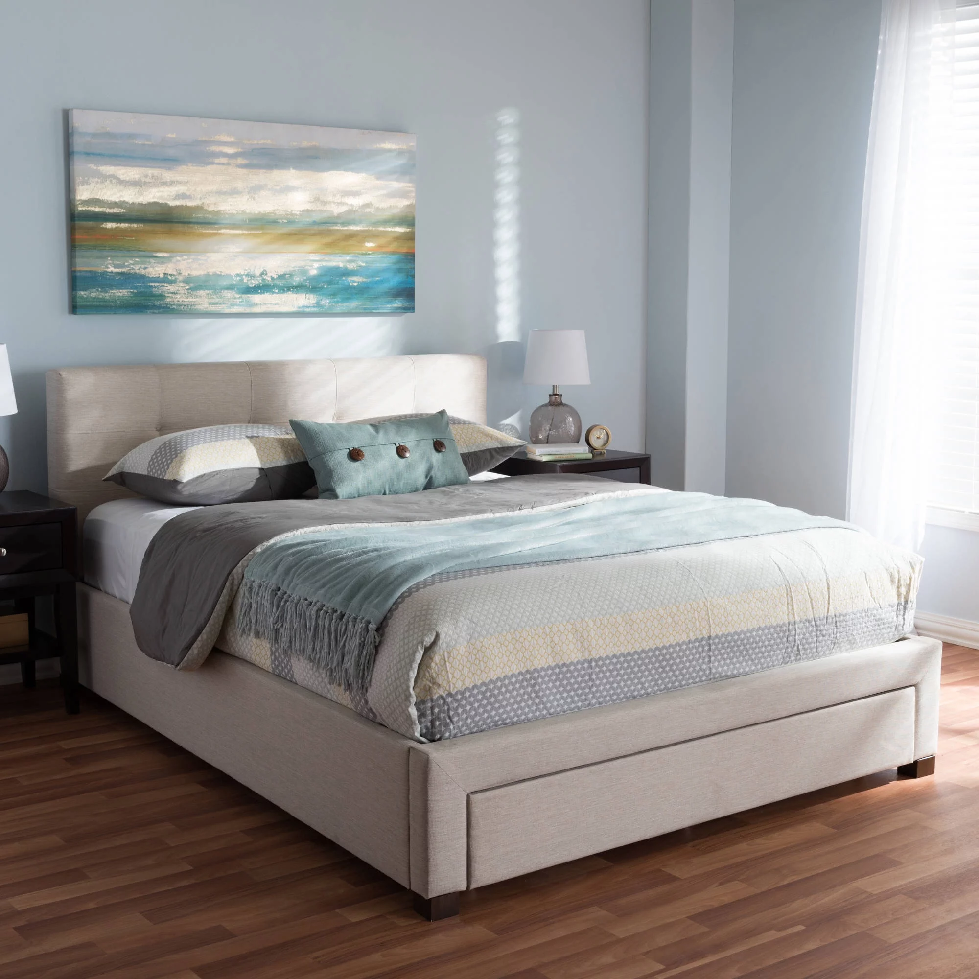 Baxton Studio Brandy Light Beige Fabric-Upholstered Queen-Size Storage Platform Bed