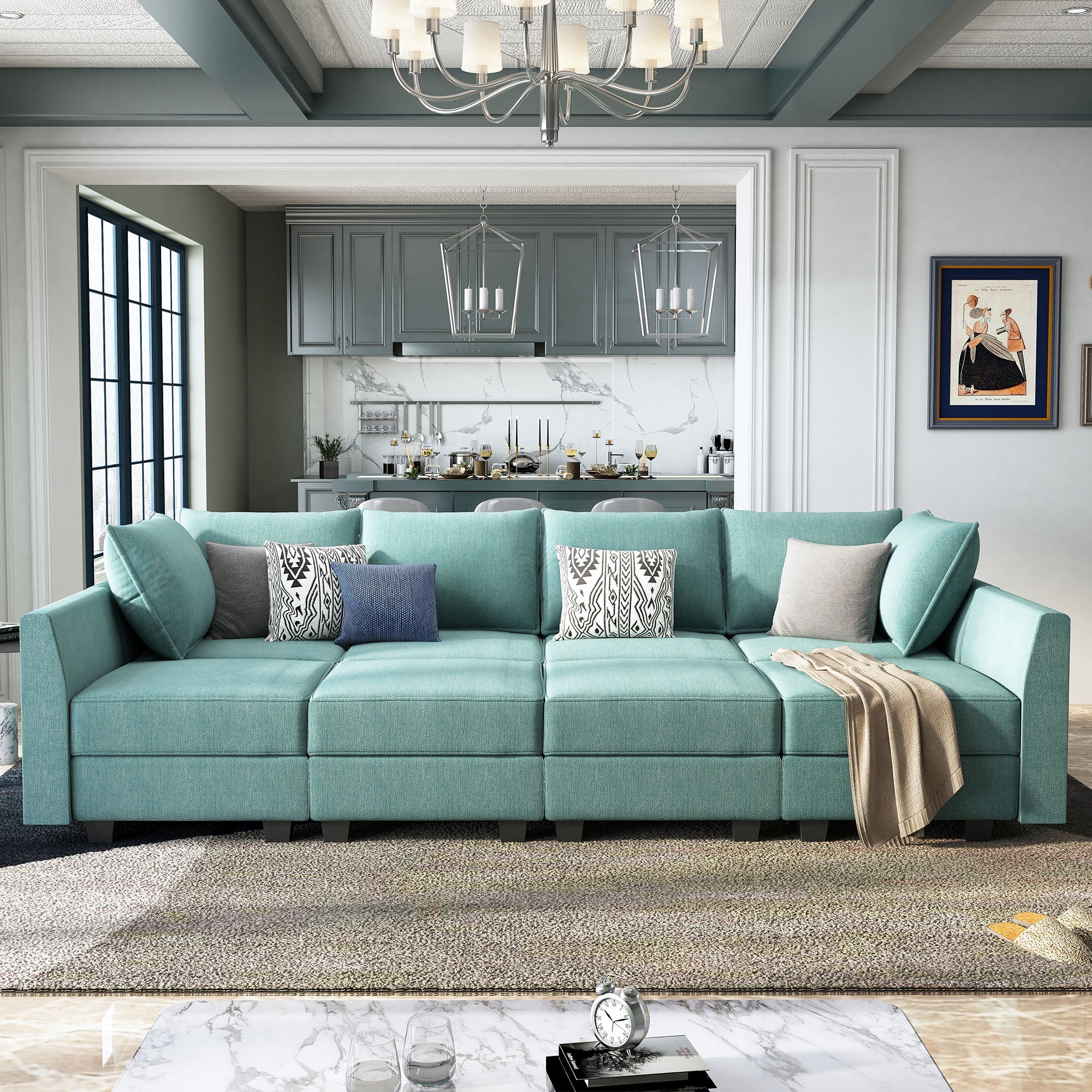 HONBAY Modern Convertible Sleeper Sofa Bed with Storage Ottomans for Living Room Space, Aqua Blue