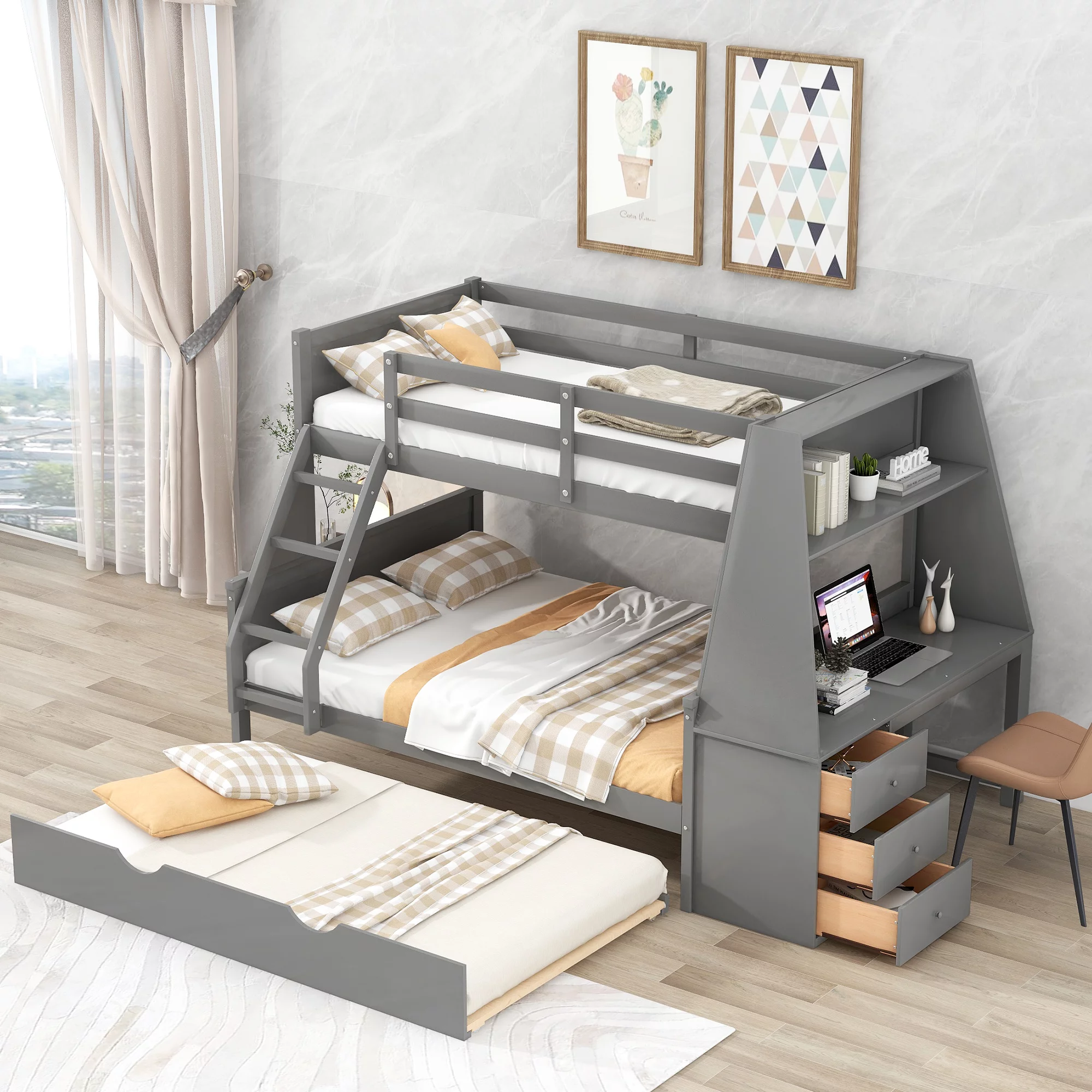 CoSoTower Twin Over Full Bunk Bed With Trundle And Built-In Desk, Three Storage Drawers And Shelf, Gray, Expected Arrival Time:11.1