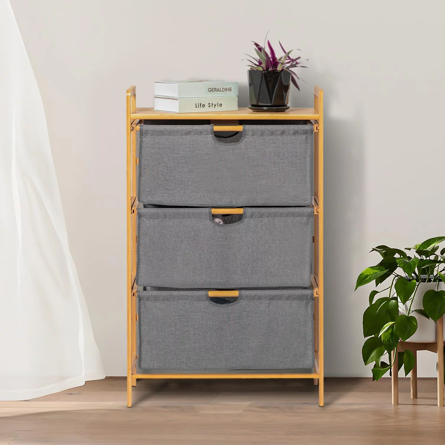3 Drawer Fabric Bin Storage Dresser Unit End/Side Table Nightstand Freestanding Organizer for Bedroom Living Room, Closet, Wide Chest of Drawers (3-Drawer)