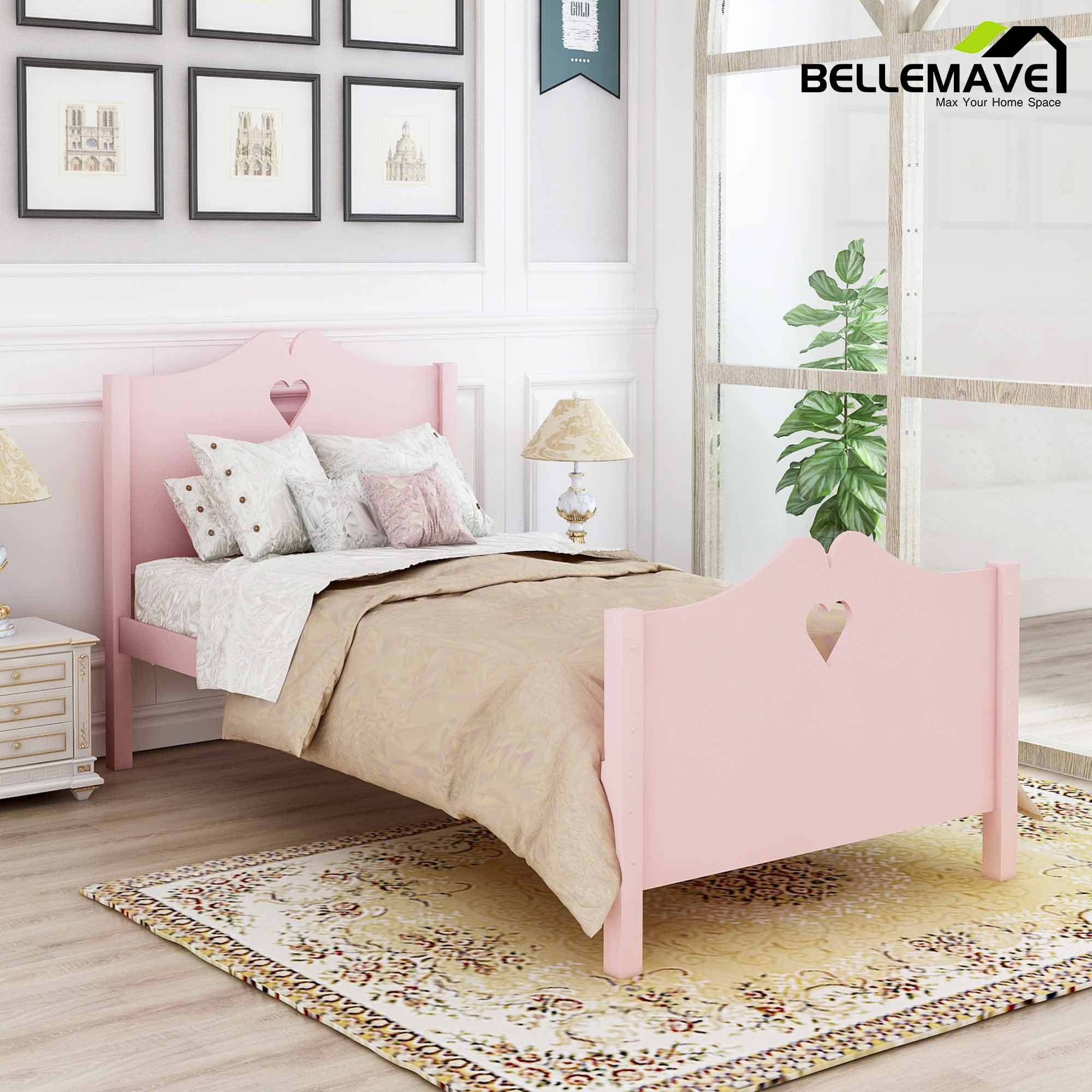 Bellemave Pink Wood Twin Size Platform Bed with Headboard, Footboard and Wood Slats for Gilrs Boys, Cute Twin Size Kids Wood Platform Bed Frame for Bedroom
