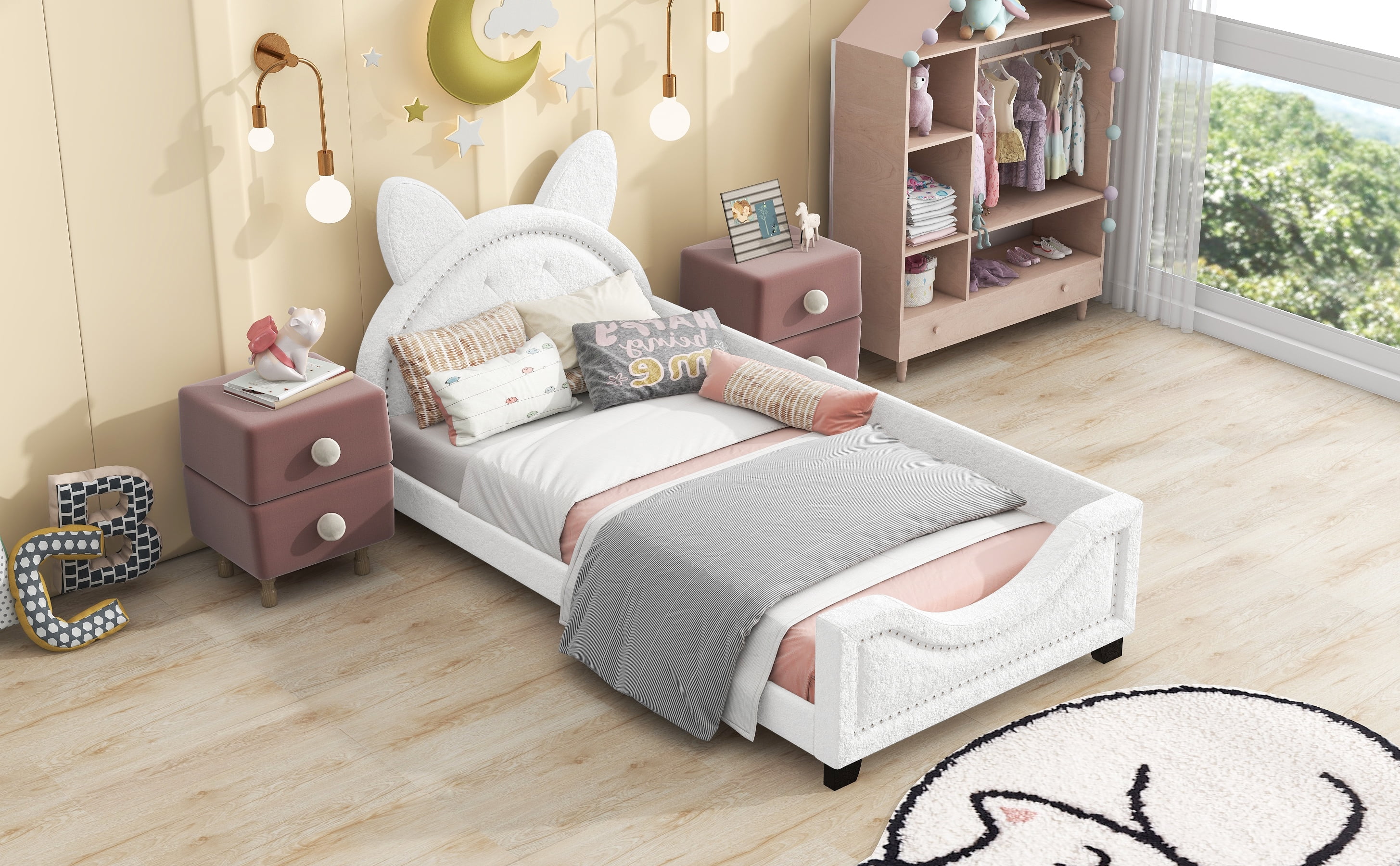 Docooler Fleece Twin Size Upholstered Daybed with Carton Ears Shaped Headboard, White Cozy and Stylish Furniture for Your Bedroom