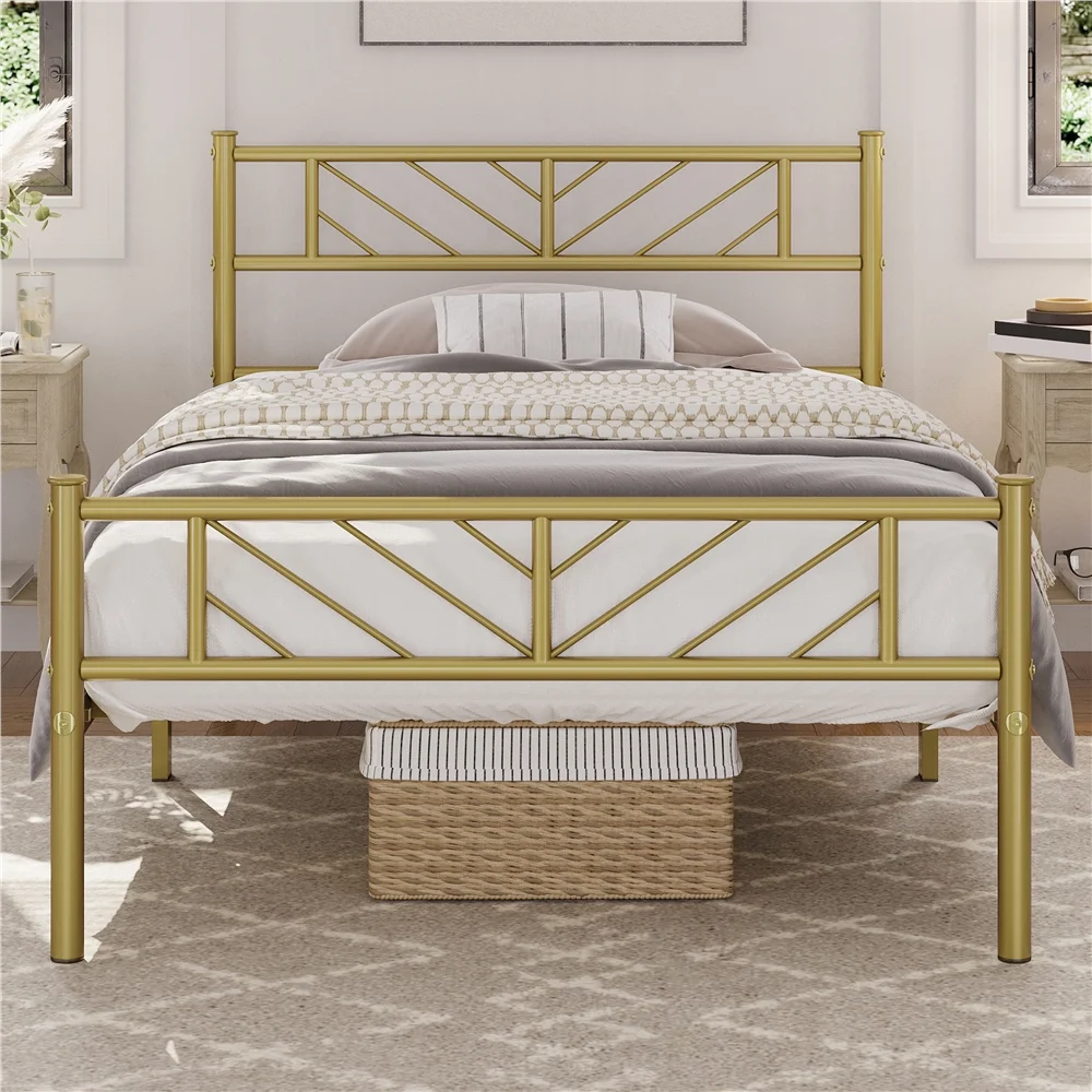 Easyfashion Justice Metal Platform Bed with Arrow Design,Twin XL,Antique Gold