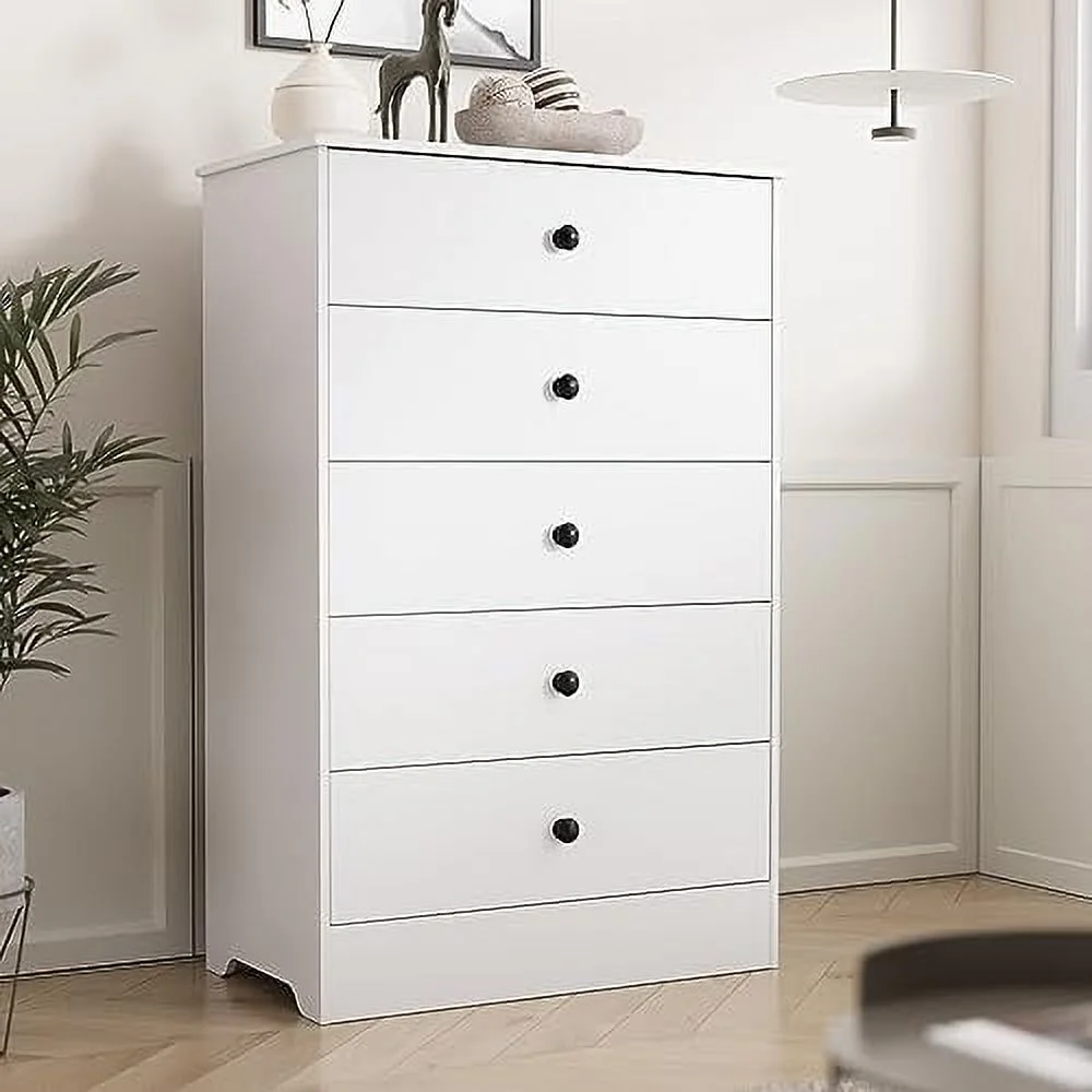 KHBIULIFE Modern 5 Drawer Dresser Organizer Chest Chest Dressers Organizer with Large Chest of Drawer for Bedroom 43.3" Tall Chest of Drawers with White
