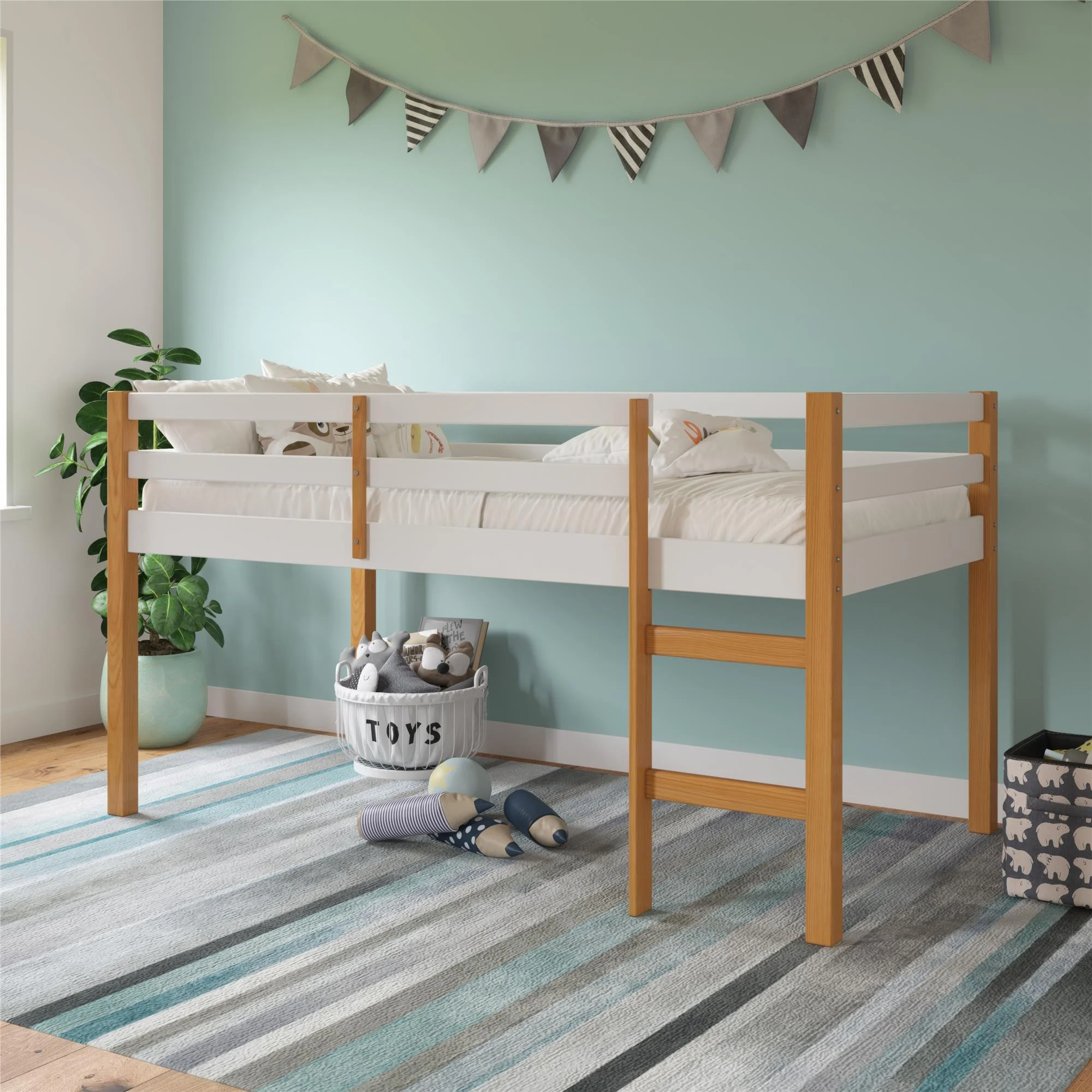 DHP Benson Junior Twin Size Wooden Loft Bed, Natural and White