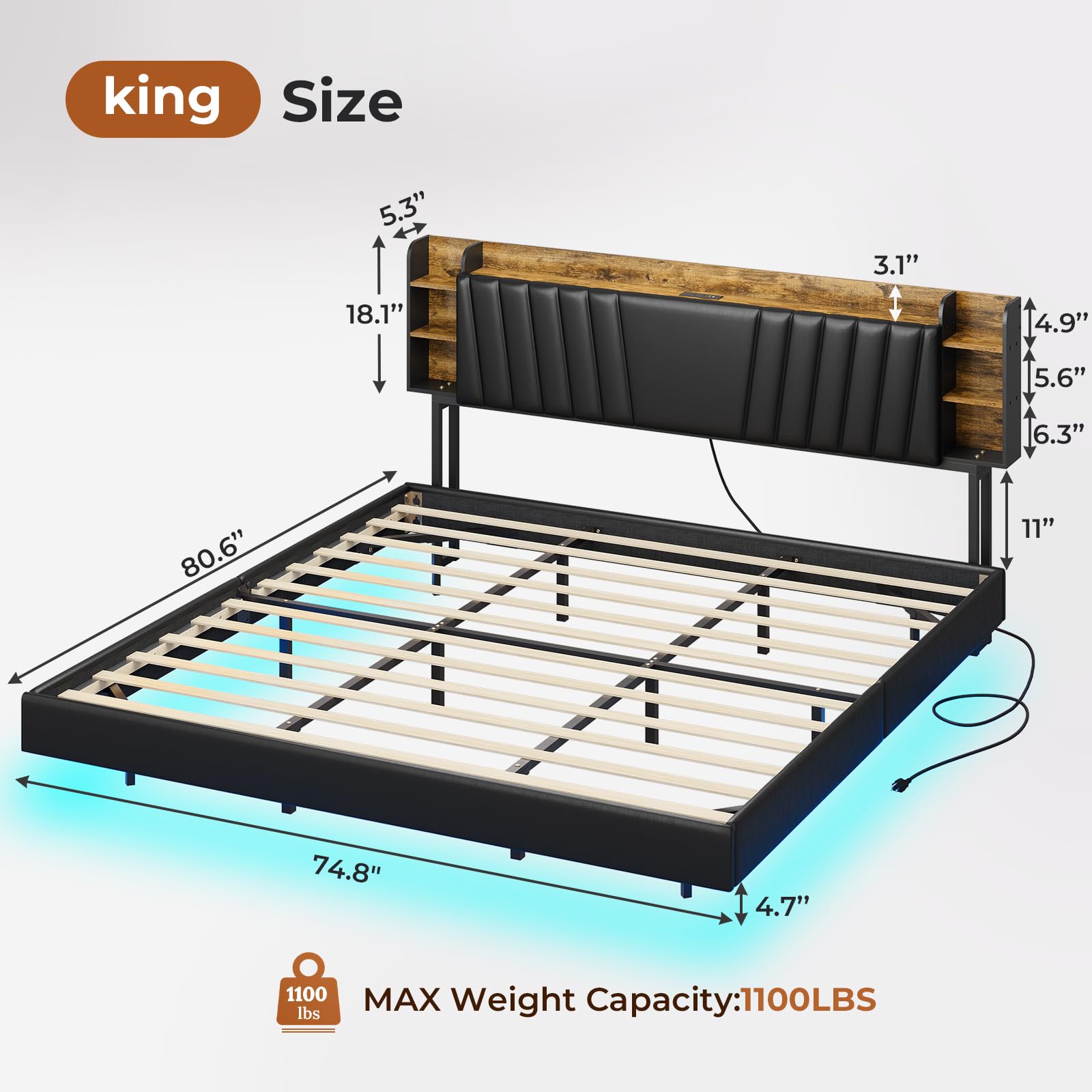 Frhnenha Floating Bed Frame with Charging Station, LED Upholstered Leather Bed, Box Spring Needed, King, Black