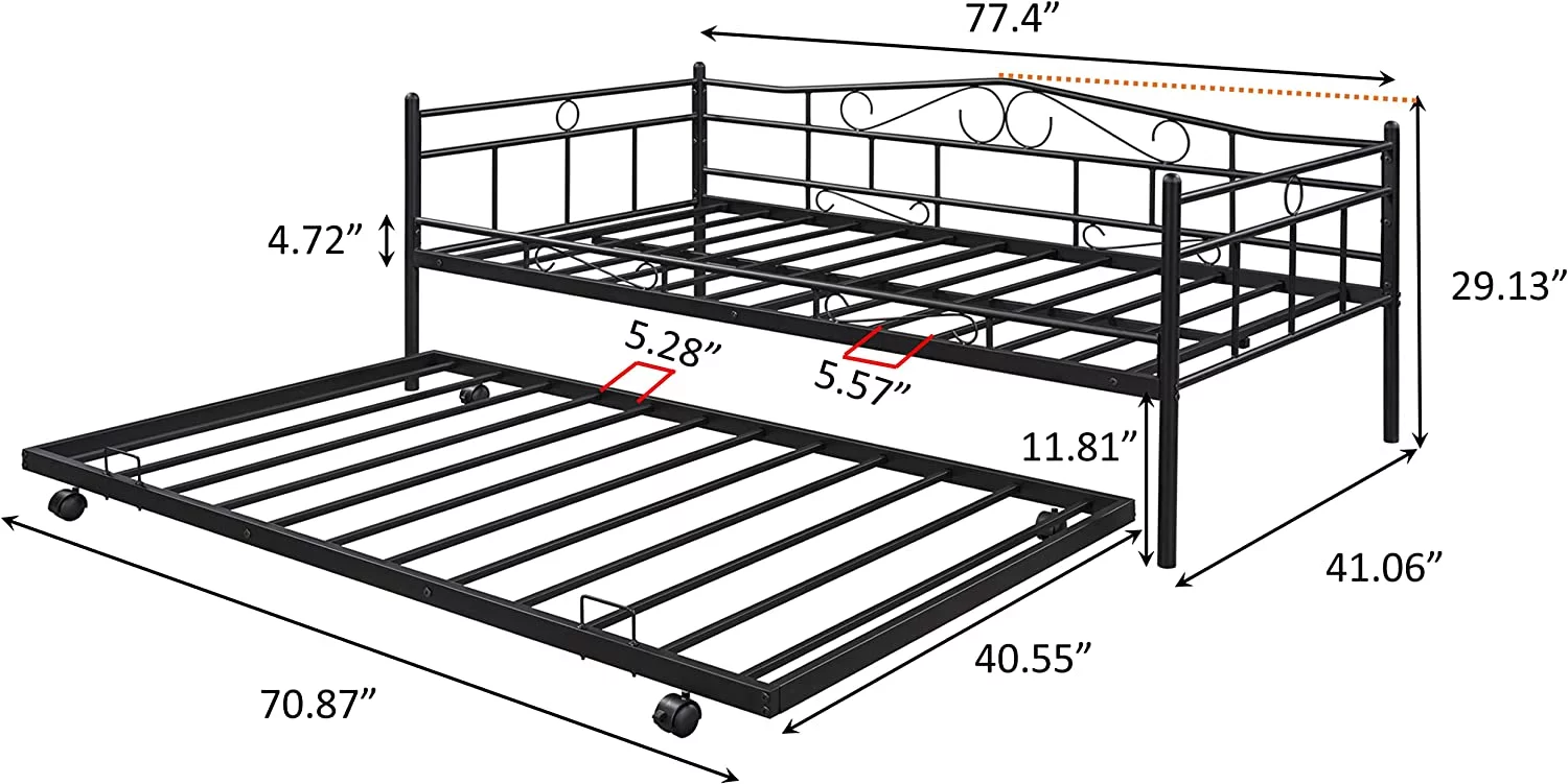 Twin Size Daybed Bed with Trundle, Metal Bedframe with Safety Guardrails & Heavy Duty Steel Slat Support for Kids, Teens, Adults, No Box Spring Needed (Black)