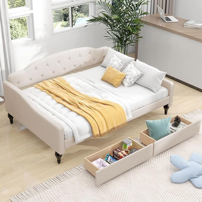 Full Size Daybed with 2 Drawers, Upholstered Tufted Day Bed with Storage for Bedroom Living Room, Wood Slat Support, No Box Spring Needed,Beige