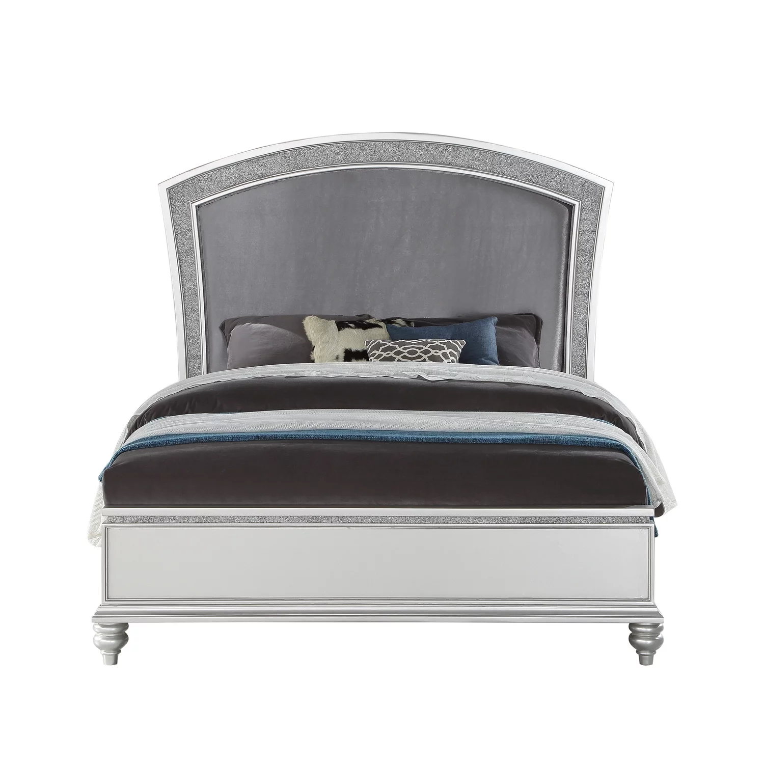 Benjara Queen Size Bed with Padded and Rhinestones Inlay Headboard, Gray and White