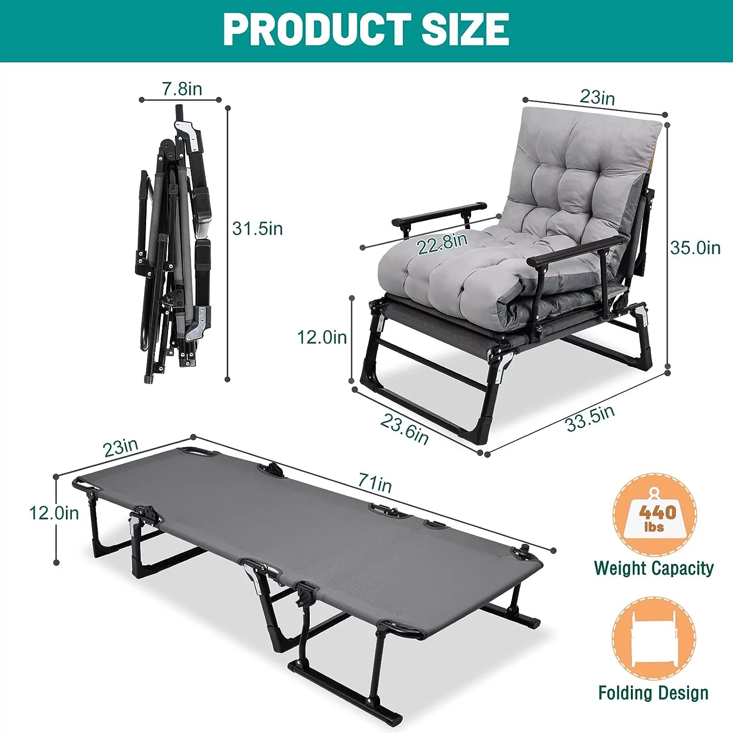 ABORON 3 in 1 Folding Bed Cot with Mattress & Pillow, Adjustable 6-Position Folding Lounge Chair, Portable Sleeping Cots Sofa Bed