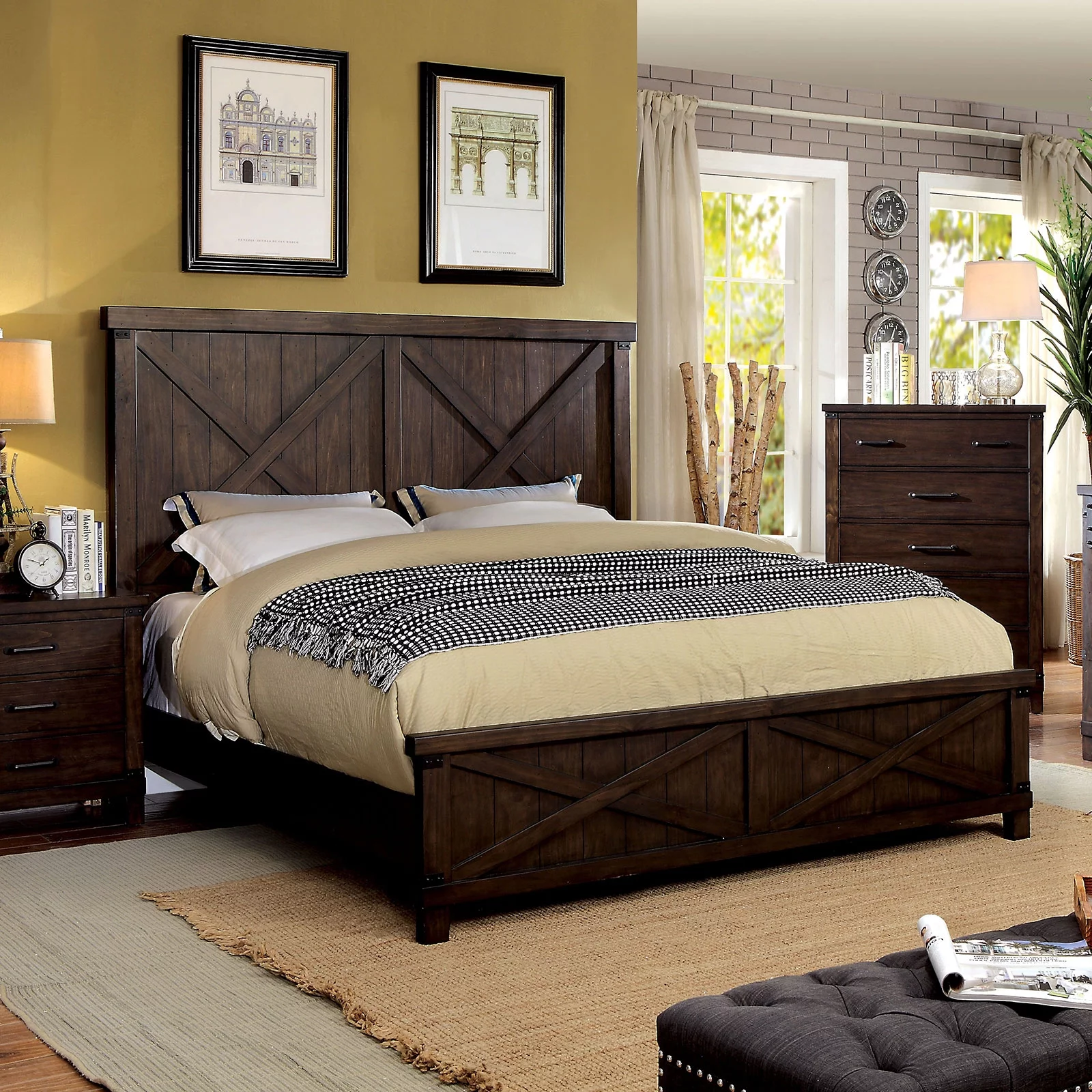 Rustic Style Dark Walnut Transitional Bedroom Furniture 1pc Bed Plank Style HB FB Queen Size Bed Solid Wood