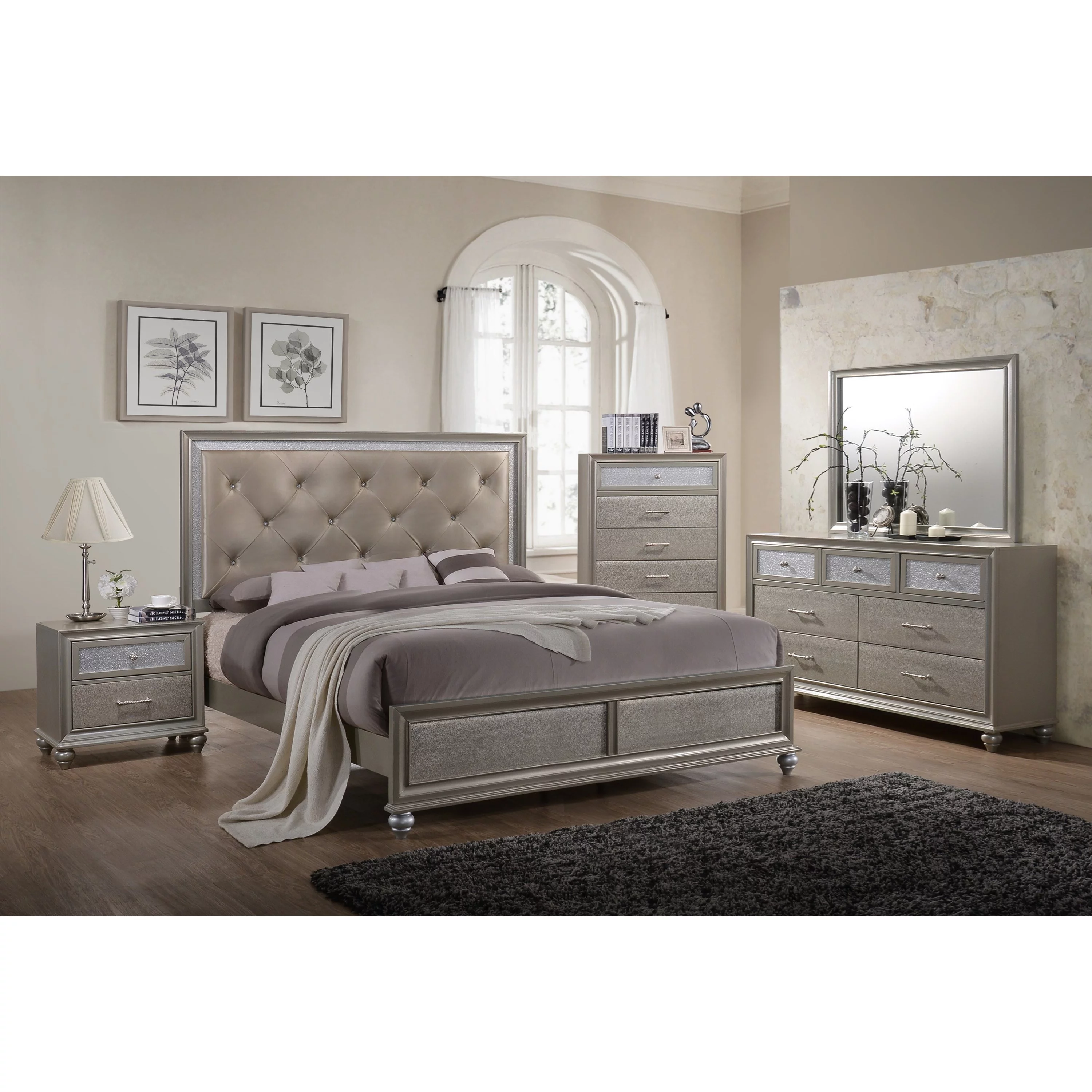 Modern Champagne Faux Finish 4pc King Size Bedroom Set Bed Dresser Mirror Nightstand Button Tufting Faux Gems