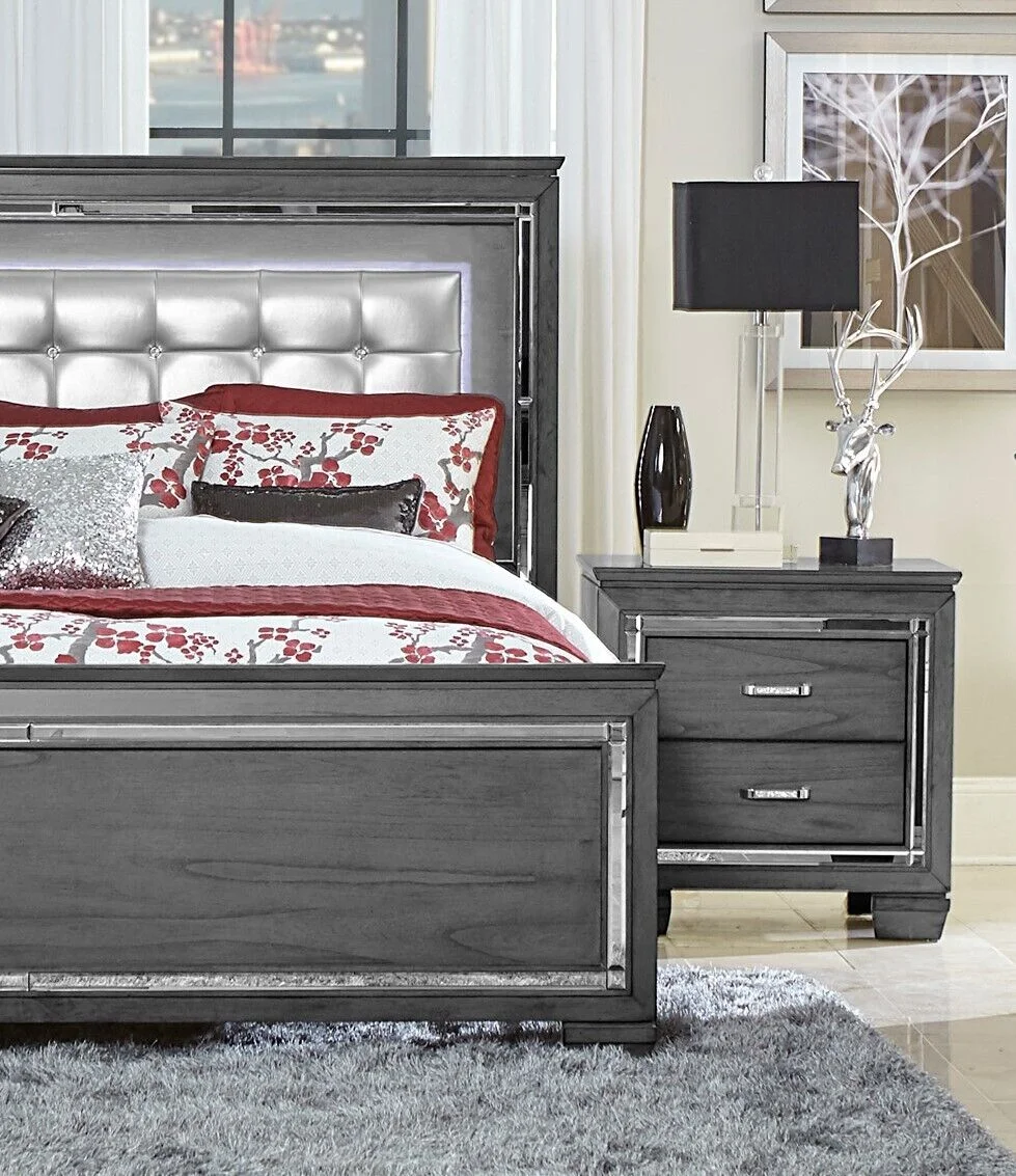 Modern Style Bedroom 3pc Set Queen Size Upholstered LED Headboard Bed Nightstands LED Lighting Wooden Furniture Set