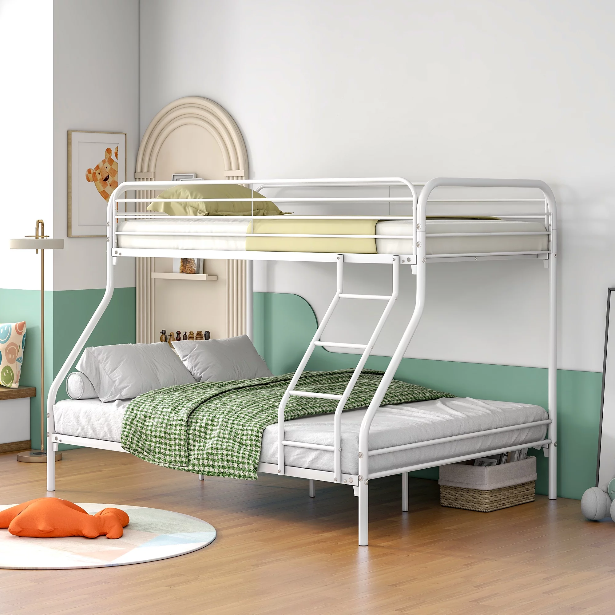 Gewnee Twin over Full Bunk Bed, Metal Bed Frame with Ladder&Safety Guardrail for Kids Teens,White