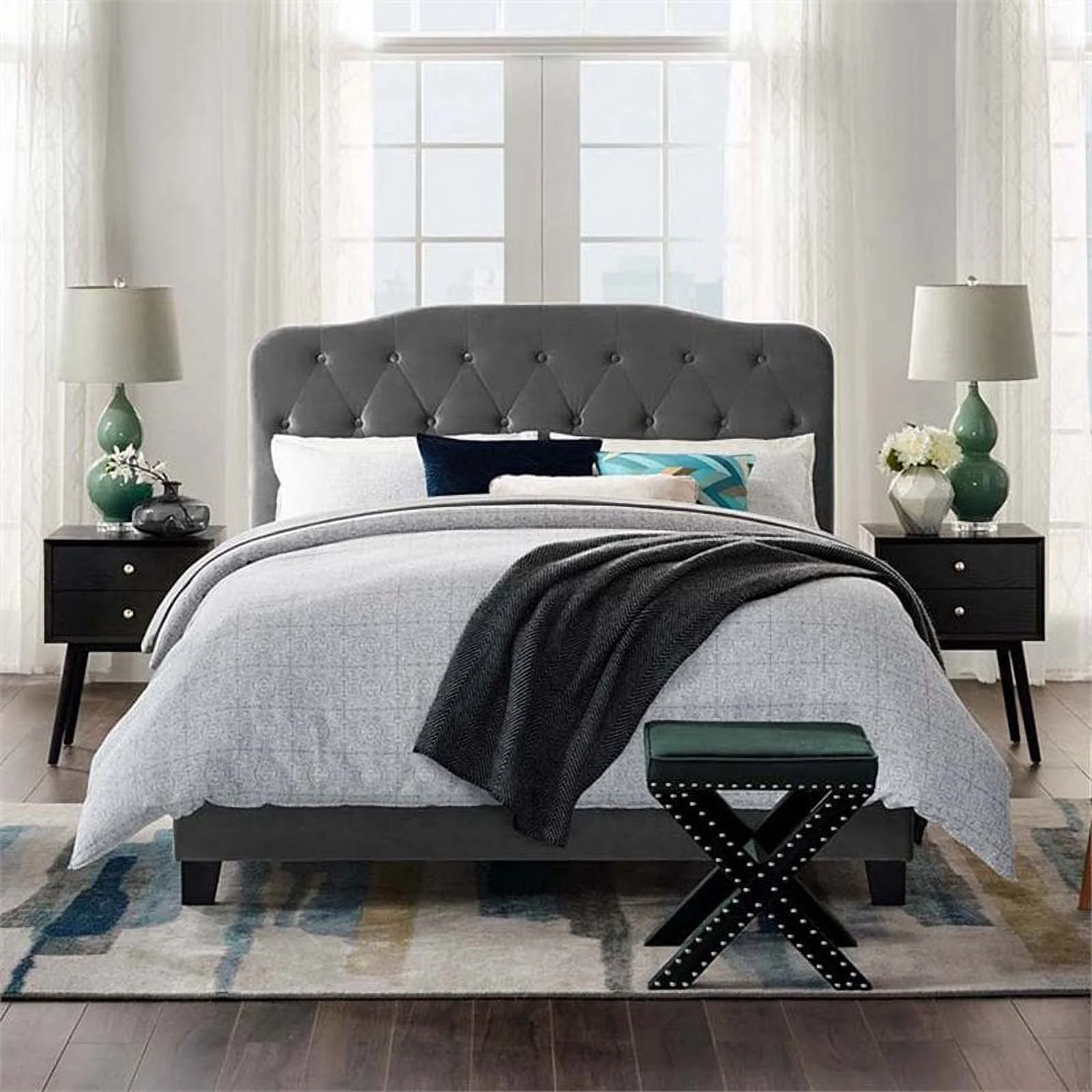Hawthorne Collections Velvet Tufted Queen Panel Bed in Gray