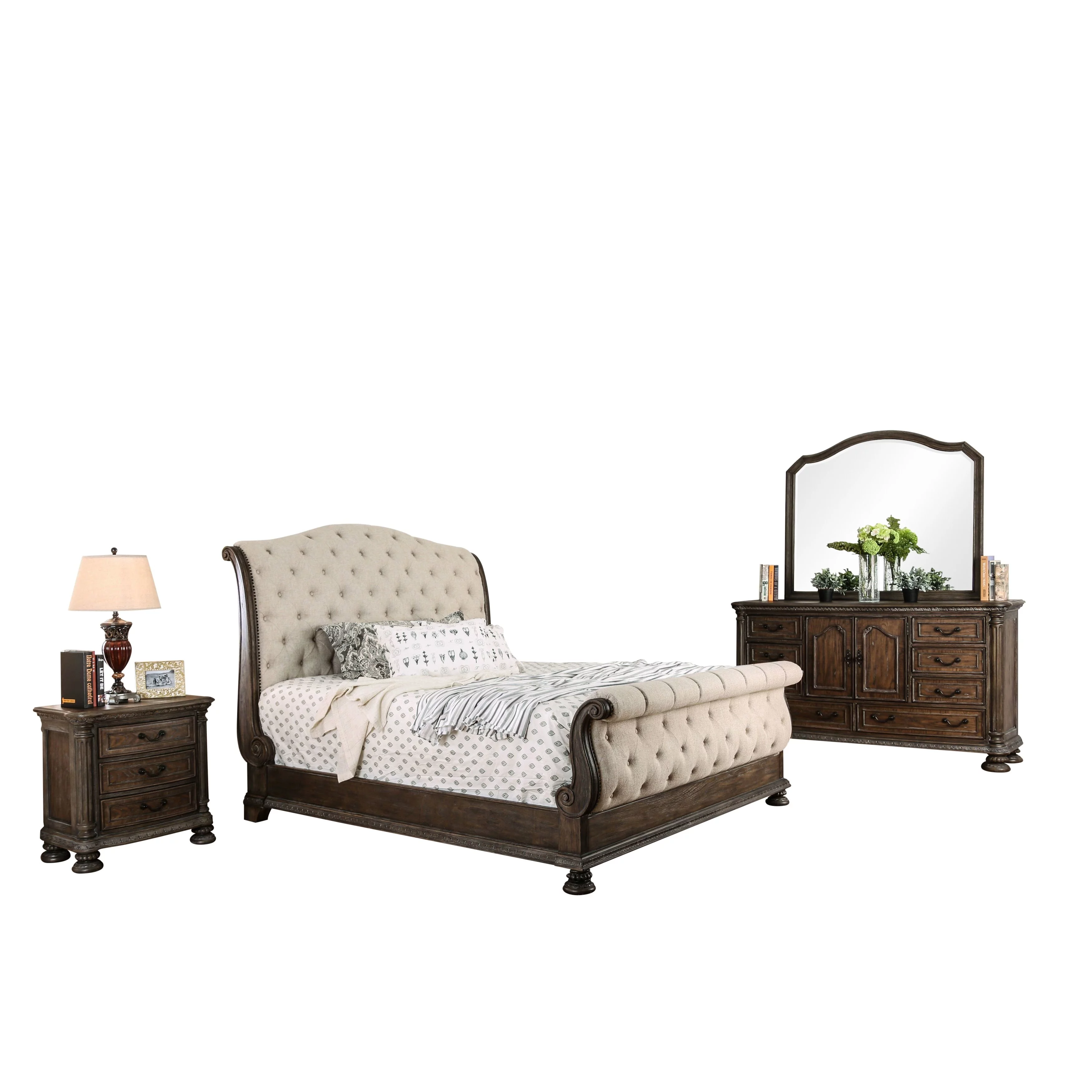 Furniture of America Brev Transitional Brown Fabric Tufted 4-Piece Sleigh Bedroom Set by California King