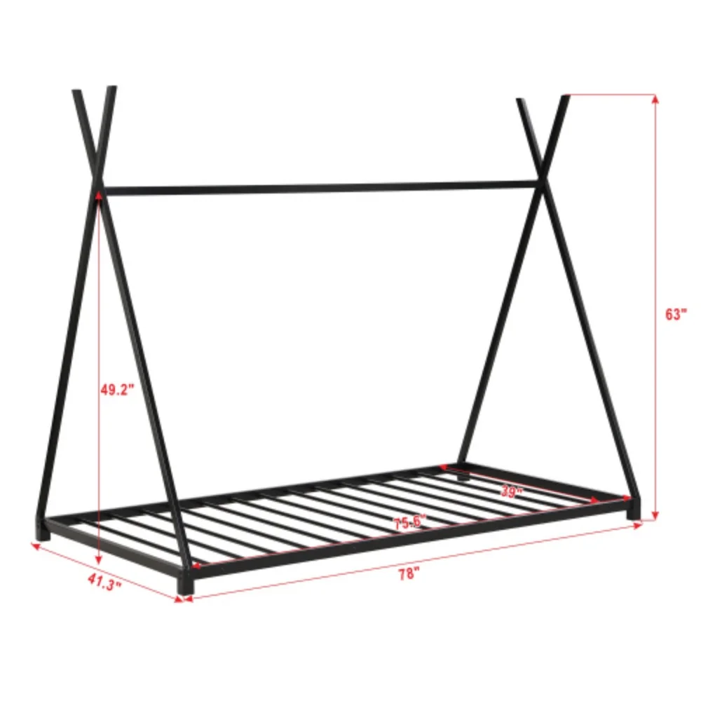 Metal Twin Size House Platform Bed with Triangle Structure, Black Black + Metal + Bedroom + Twin + Bed Frame + Box Spring Not Required