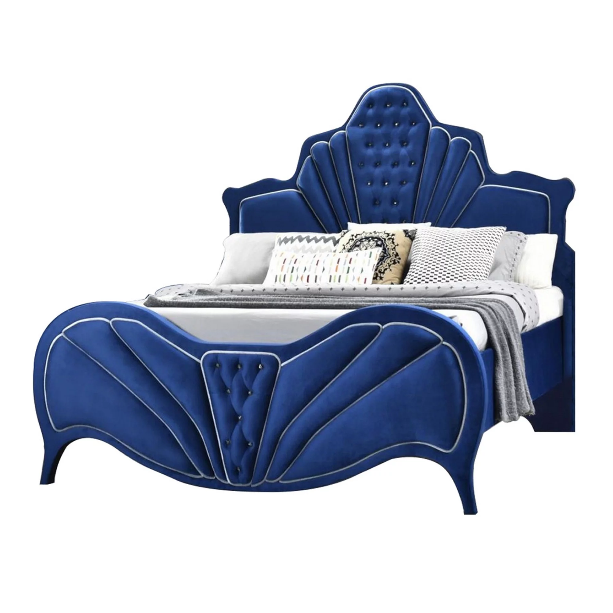 Velvet Upholstered Channel Tufted Eastern King Bed, Blue