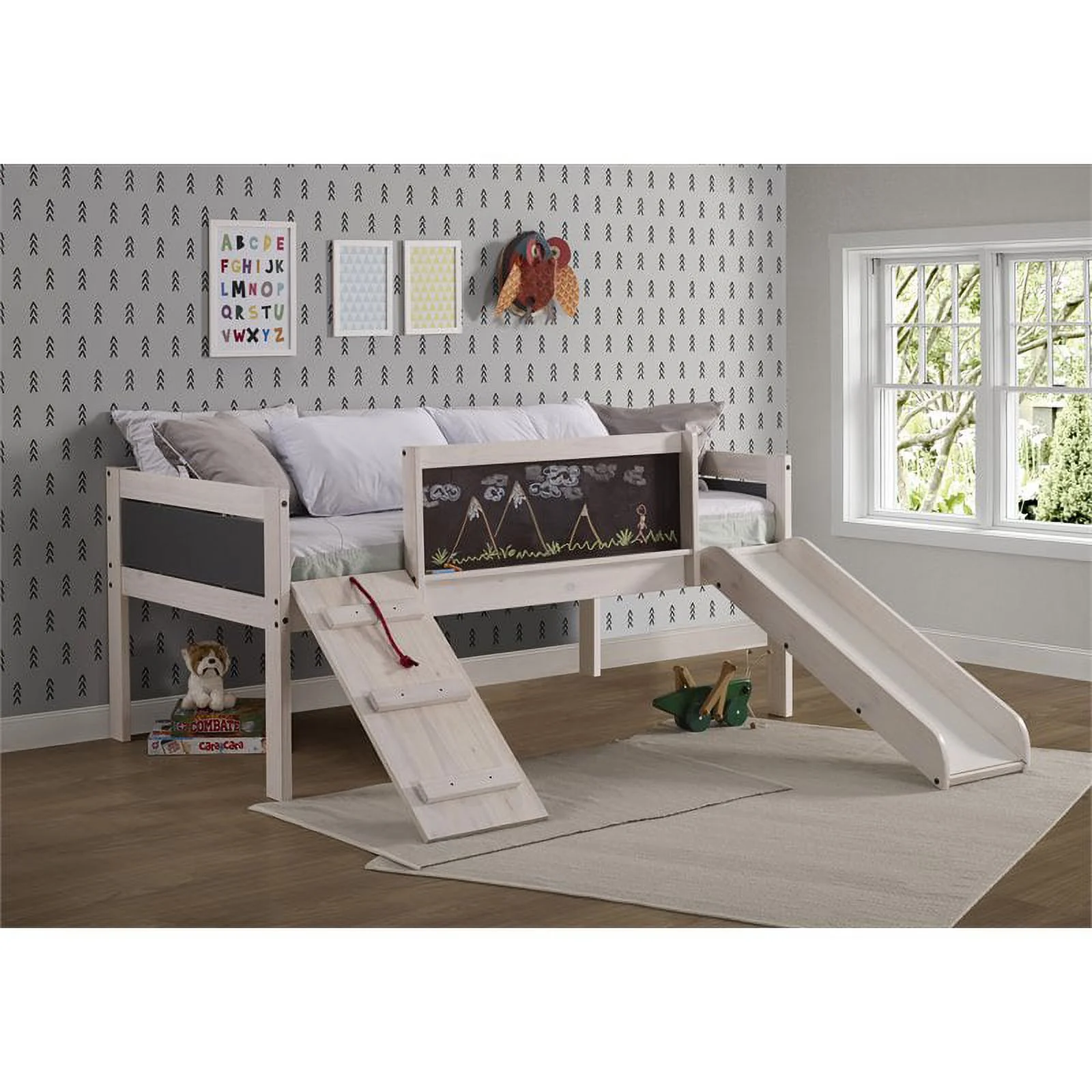 Rosebery Kids Twin Solid Wood Low Loft Bed in White Wash and Gray