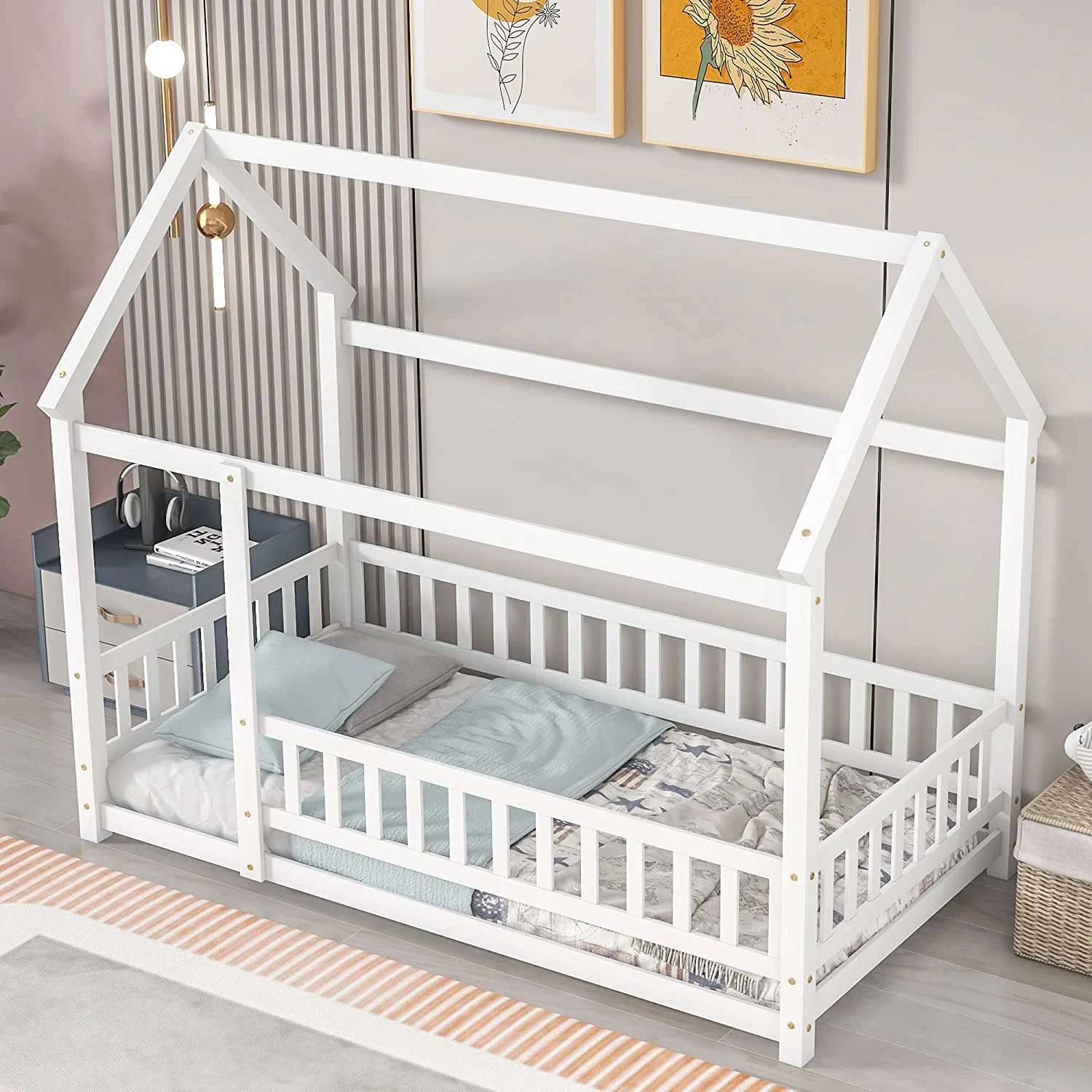 House Bed, Metal Platform Bed With Headboard And Footboard, Box Spring Needed, For Toddlers, Kids, Teens, Girls, Boys (Black)