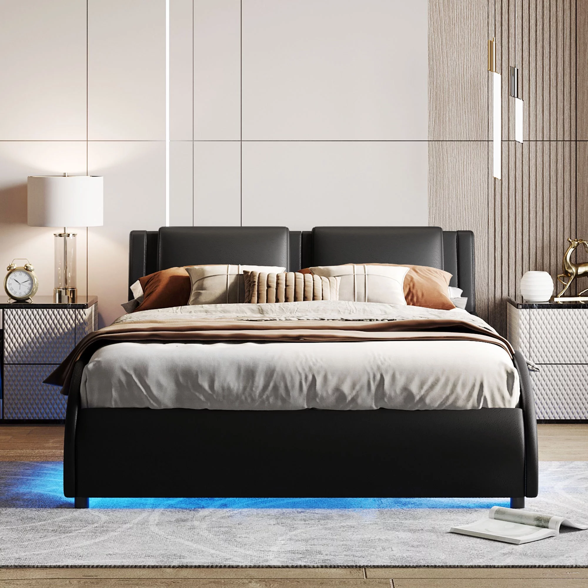 Modern LED Light Queen Size Upholstered Faux Leather Platform Bed - Black