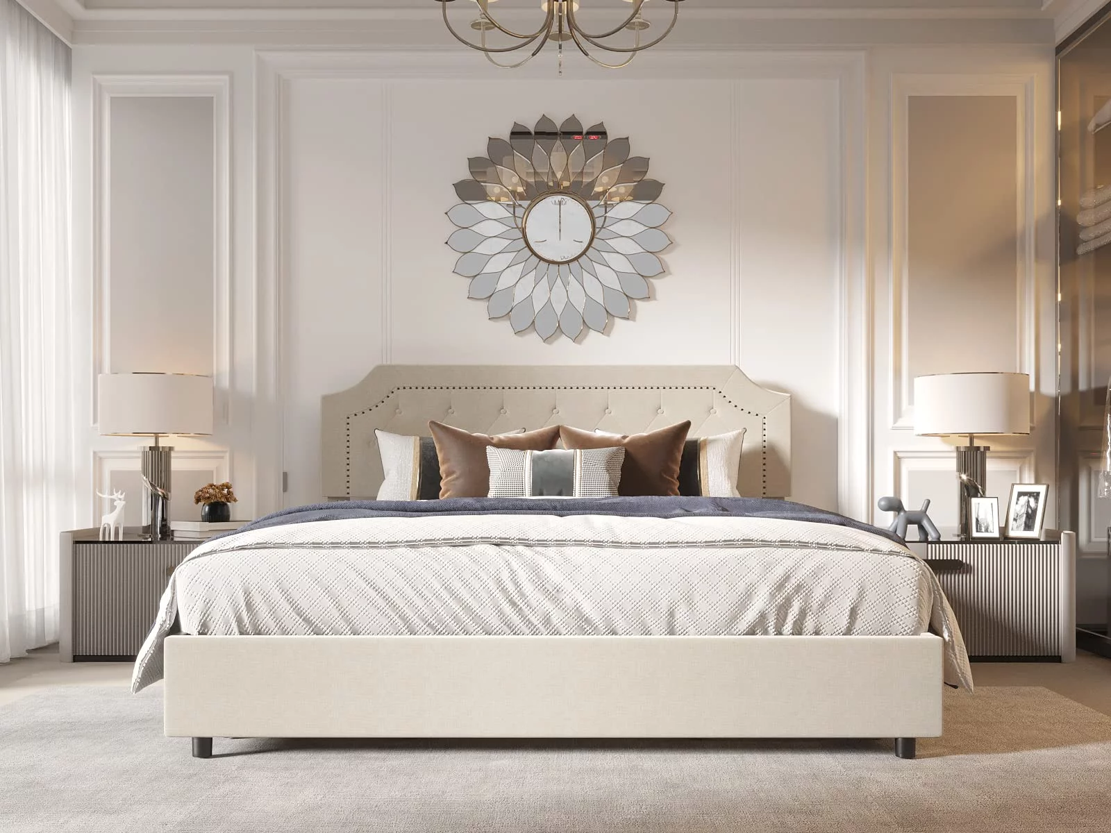 Bonsoir KING Size Bed Frame Upholstered Low Profile Traditional Platform With Tufted and Nail Headboard/No Box Spring Needed/No Bed Skirt Needed/Linen Fabric Upholstery/Color of Sand (Sand, King Size)