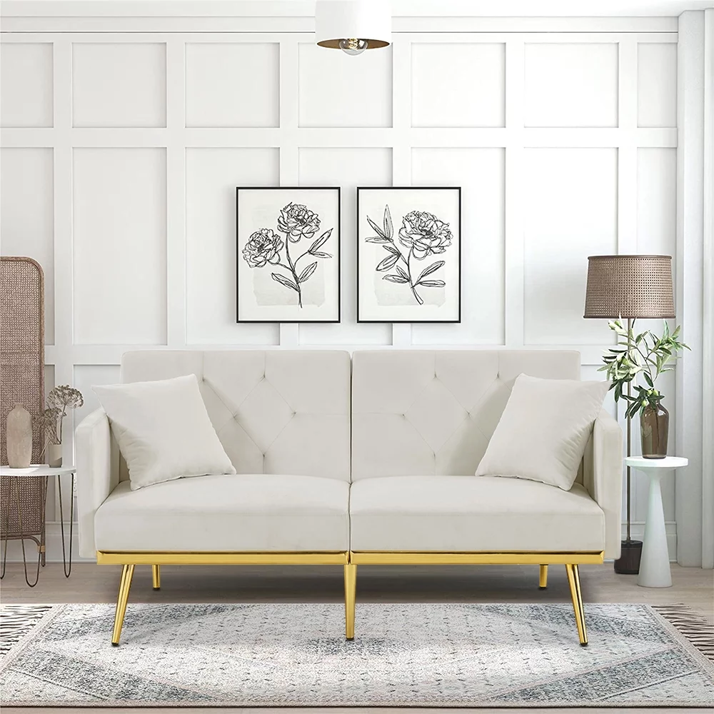 White Velvet Futon Couch, Folding Sleeper Sofa, Sofa Couch Bed with 2 Pillows, Modern Upholstered Loveseat Sofa with Gold Metal Legs, Sofa Bed for Living Room Bedroom, Furniture for Small Space Office