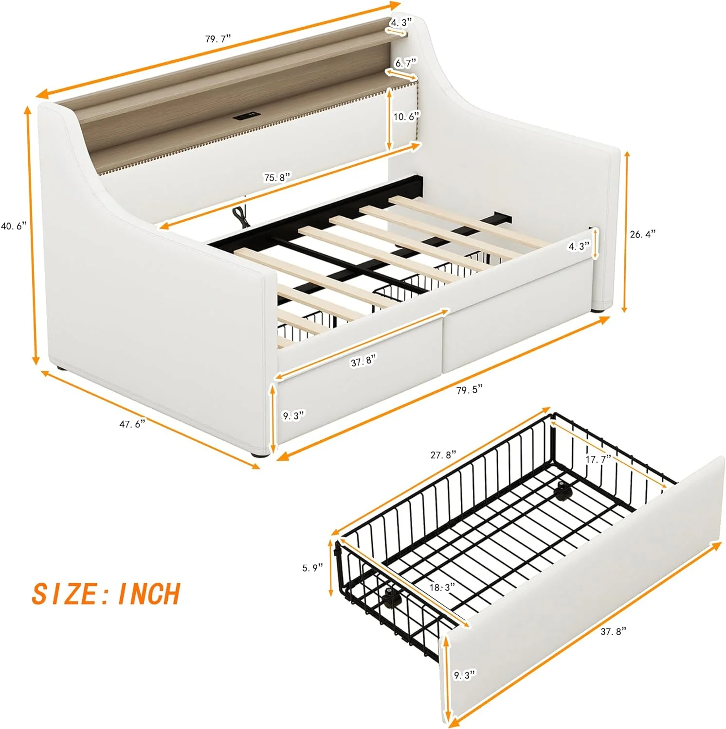 Daybed Frame With Storage Drawers Ad LED Light, PU Upholstered Daybed With Chargig Statio Ad Shelf Ad High Back For Livig Room Bedroom, White