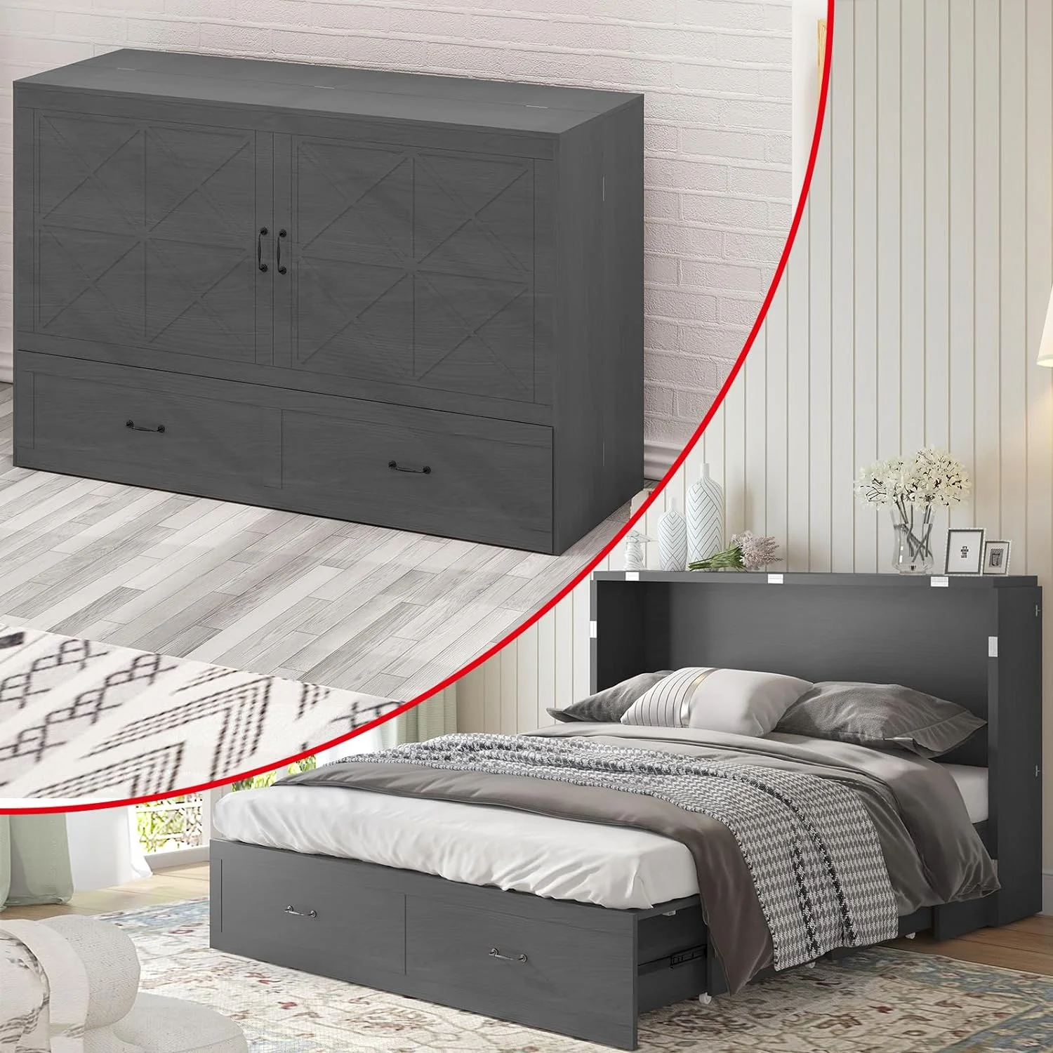 MUZZ Queen Size Murphy Cabinet Bed, Solid Pine Wall-Bed with 3 Charging Stations, 2 Storage Drawers and Comfy Foldable Mattress for Bedroom/Office and Small Spaces (Slate Gray)