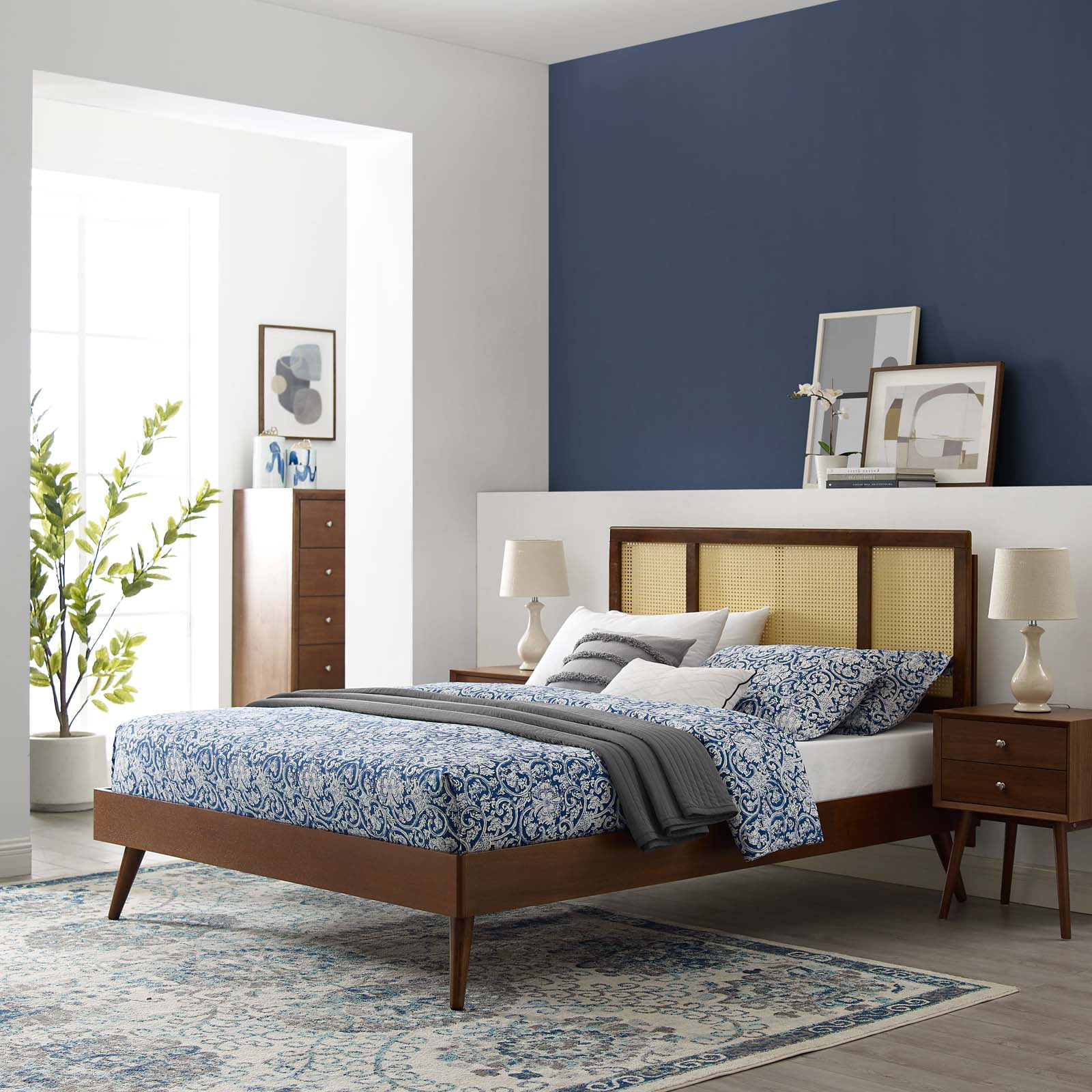 Platform Bed Frame, King Size, Wood, Brown Walnut, Modern Contemporary Urban Design, Bedroom Master Guest Suite