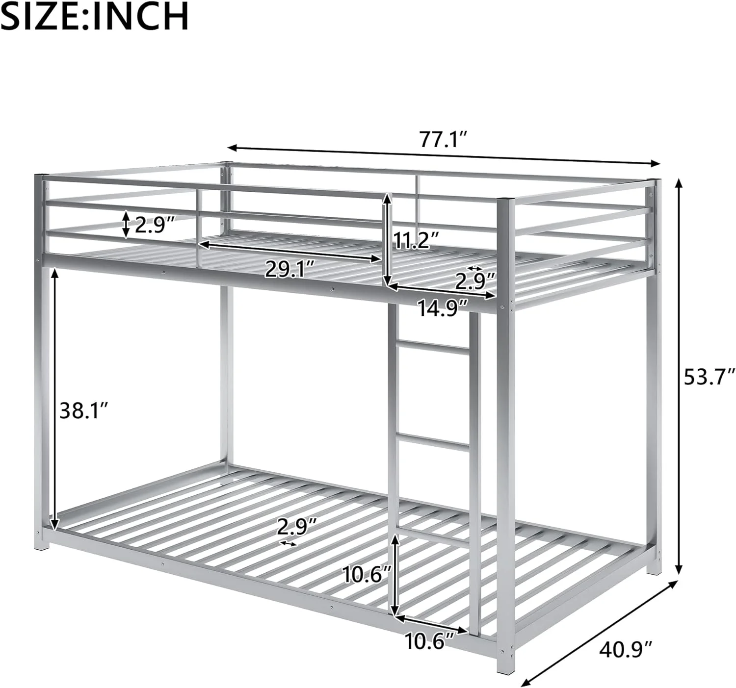 Over Metal Bunk Bed, Heavy Duty Low Bunk Bed With Safety Guard Rails And Ladder (Silver)