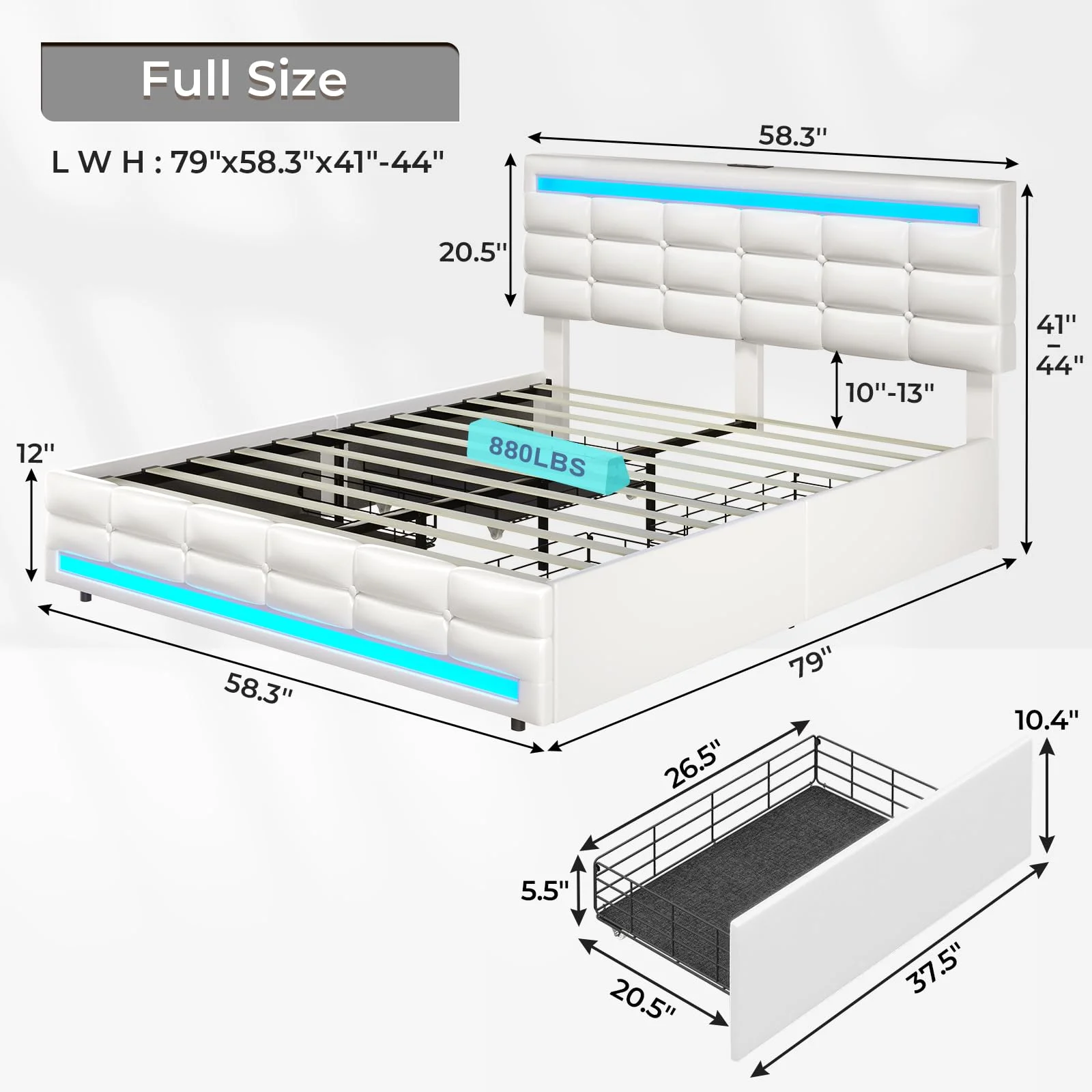 Afuhokles LED Full Bed Frame with Storage Drawers and Charging Station, Upholstered Bed Frame with Adjustable Headboard, White