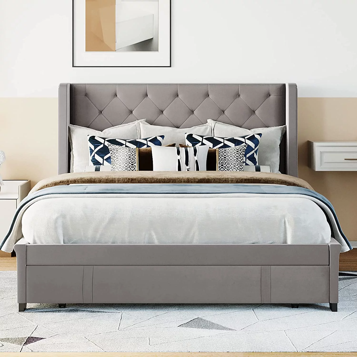 AngLink Queen Size Velvet Upholstered Platform Bed with a Big Drawer, Queen Storage Bed with Wingback Headboard for Bedroom Guestroom, No Box Spring Needed, Gray