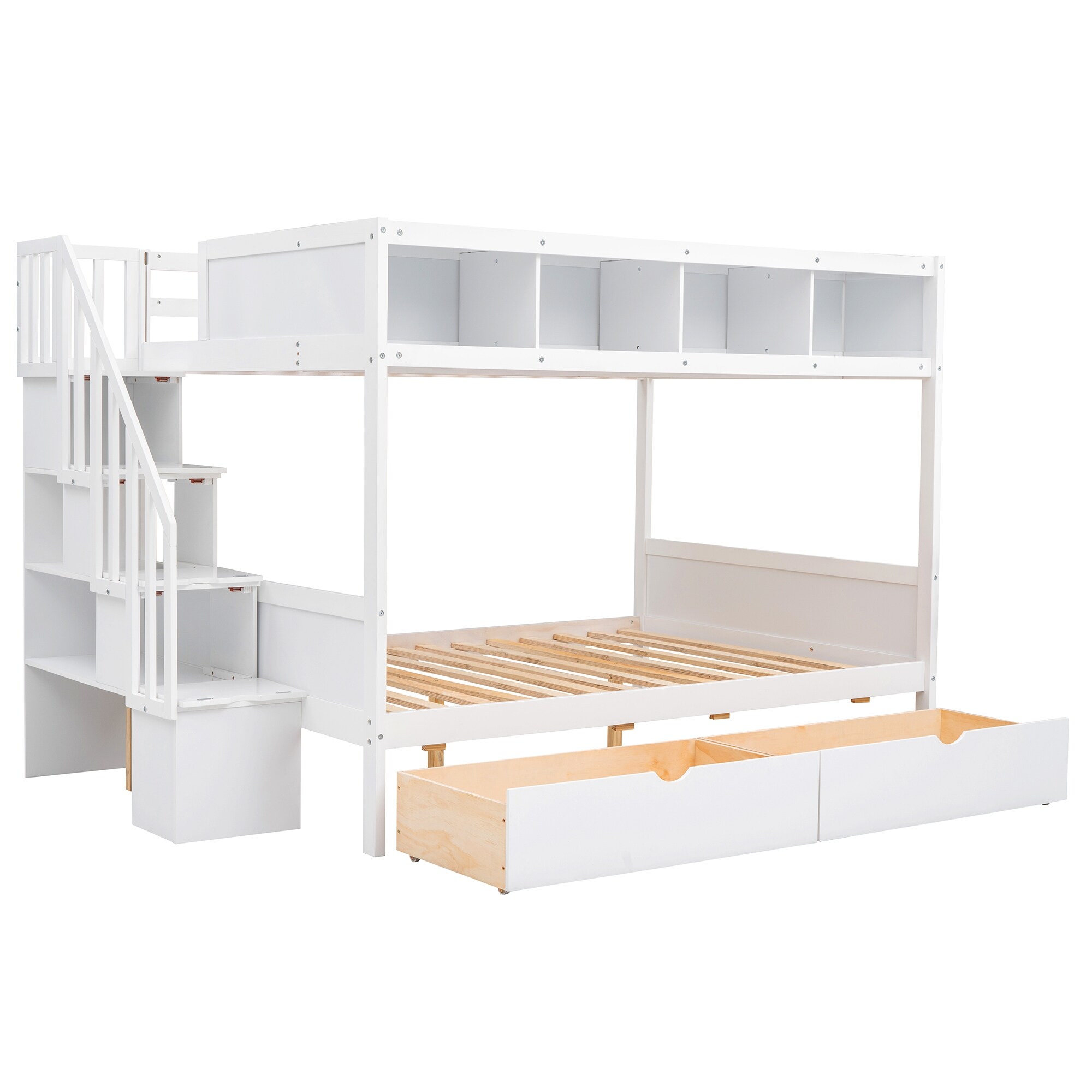 Nestfair  Twin over Full Bunk Bed with Storage Staircase and 2 Drawers White