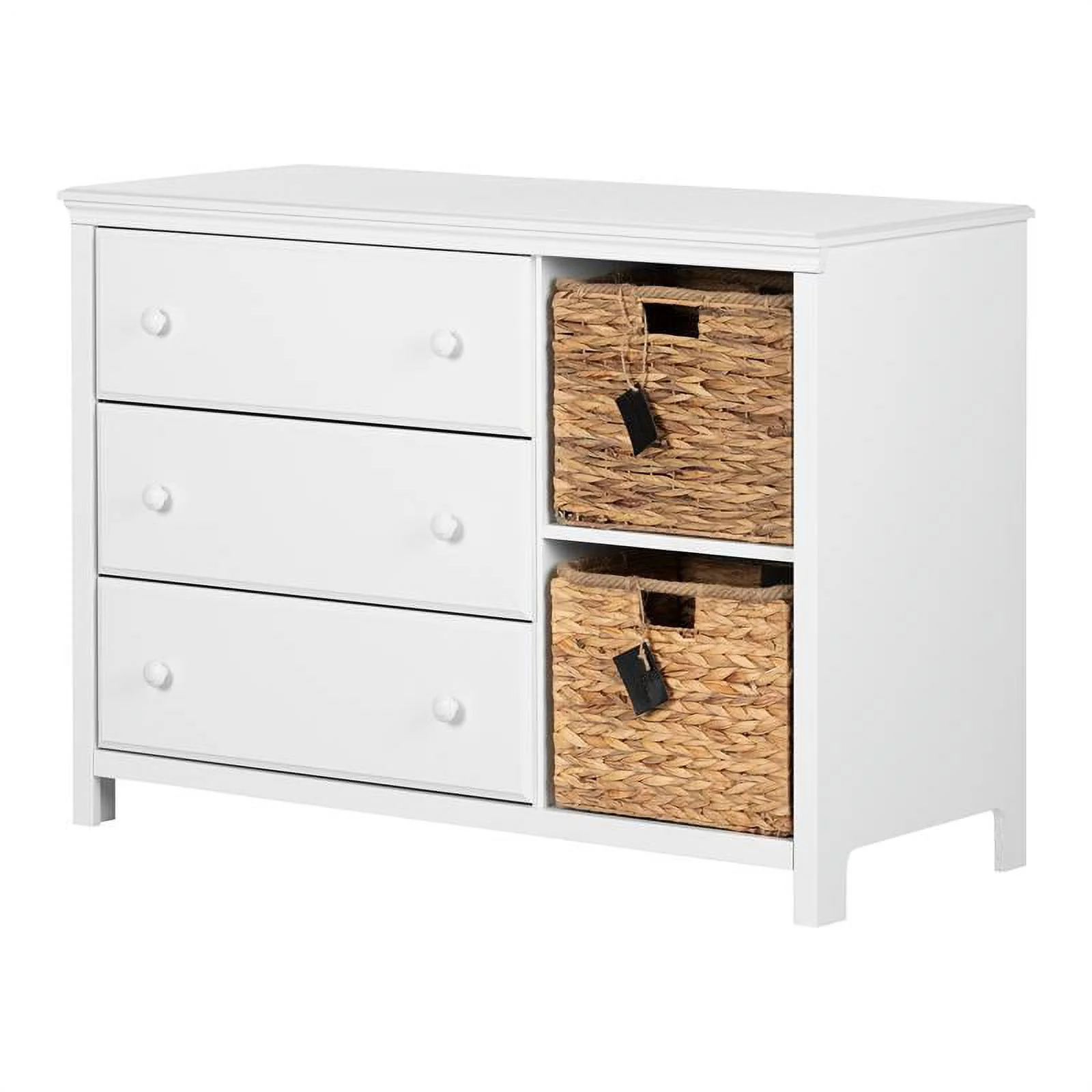 Roseberry Kids 3-Drawer Transitional Wood Dresser with Baskets in White