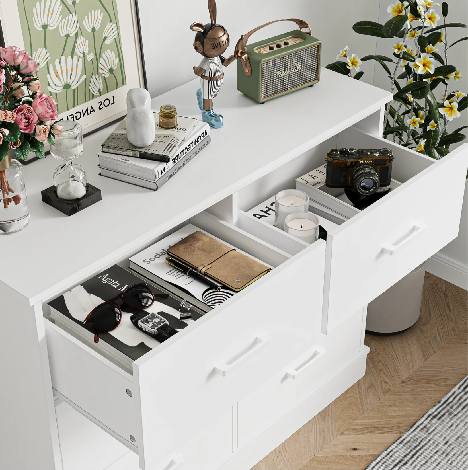 Homfa 6 Drawer Horizontal Dresser for Bedroom, Living Room Wood Storage Cabinet with Sturdy Base