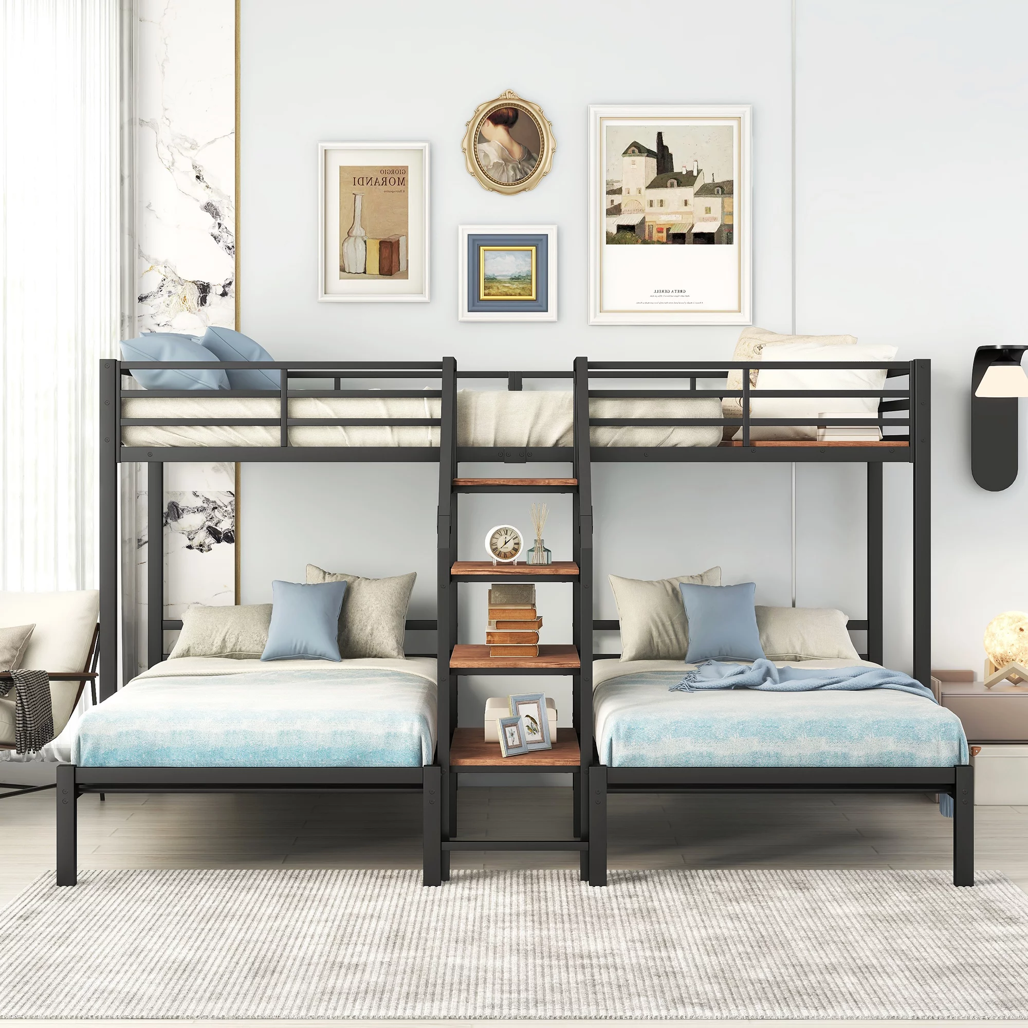 Churanty L-Shaped Triple Bunk Beds for 3 Kids, Twin Over Twin and Twin Metal Bunk Bed Frame with Storage Shelves Staircase, Black