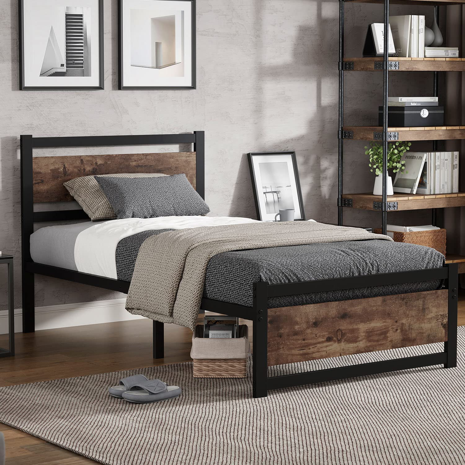 Platform Bed Frame with Wooden Headboard, Heavy Duty, No Box Spring Needed, Strong Metal Slats Support, Noise-Free, Twin XL/Queen/King (Queen)