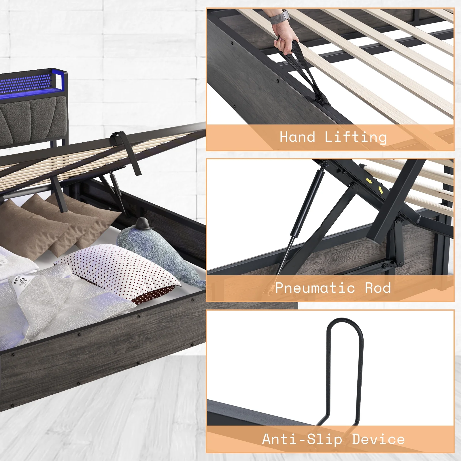 AMERLIFE King Size Lift Up Bed Frame with Linen Upholstered & LED Light & Storage Headboard, Platform Bed Frame with Charging Station, No Box Spring Needed, Noisy Free, Rustic Grey