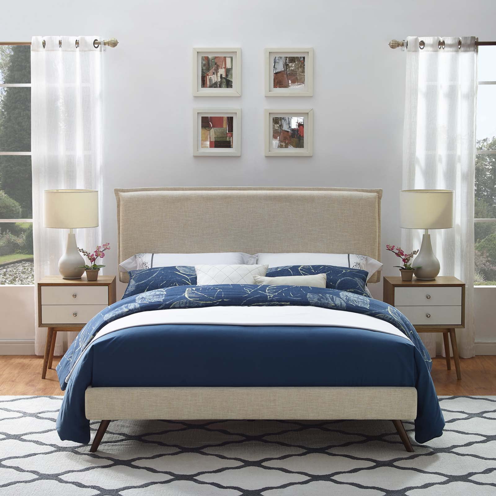 Modern Contemporary Urban Design Bedroom Queen Size Platform Bed Frame, Fabric, Beige