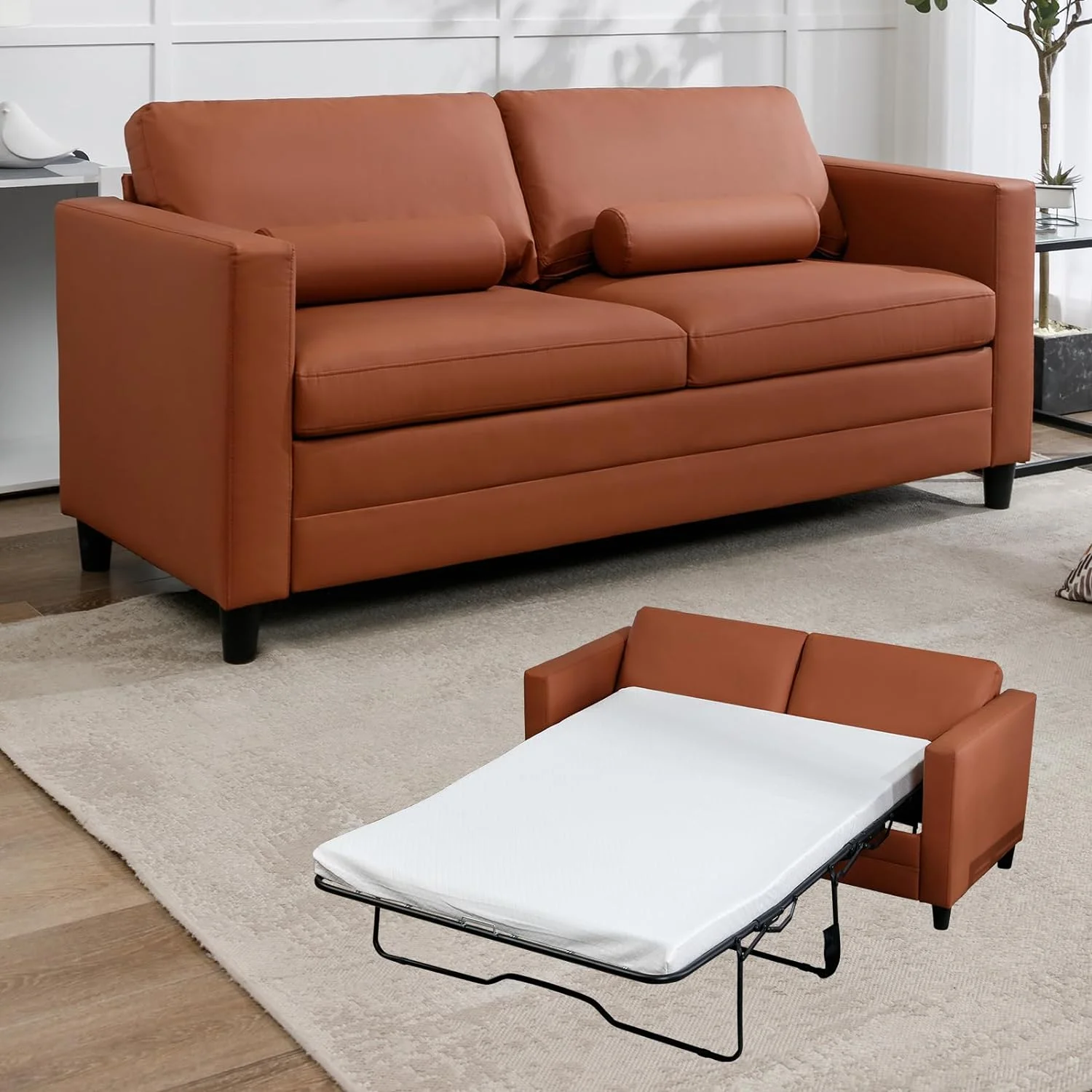 MUZZ Queen Size Pull Out Sofa Bed, Convertible 2-in-1 Sleeper Sofa Couch with Foldable Mattress,Leather Loveseat Sleeper Sofa for Living Room/Apartment(Cognac Tan)
