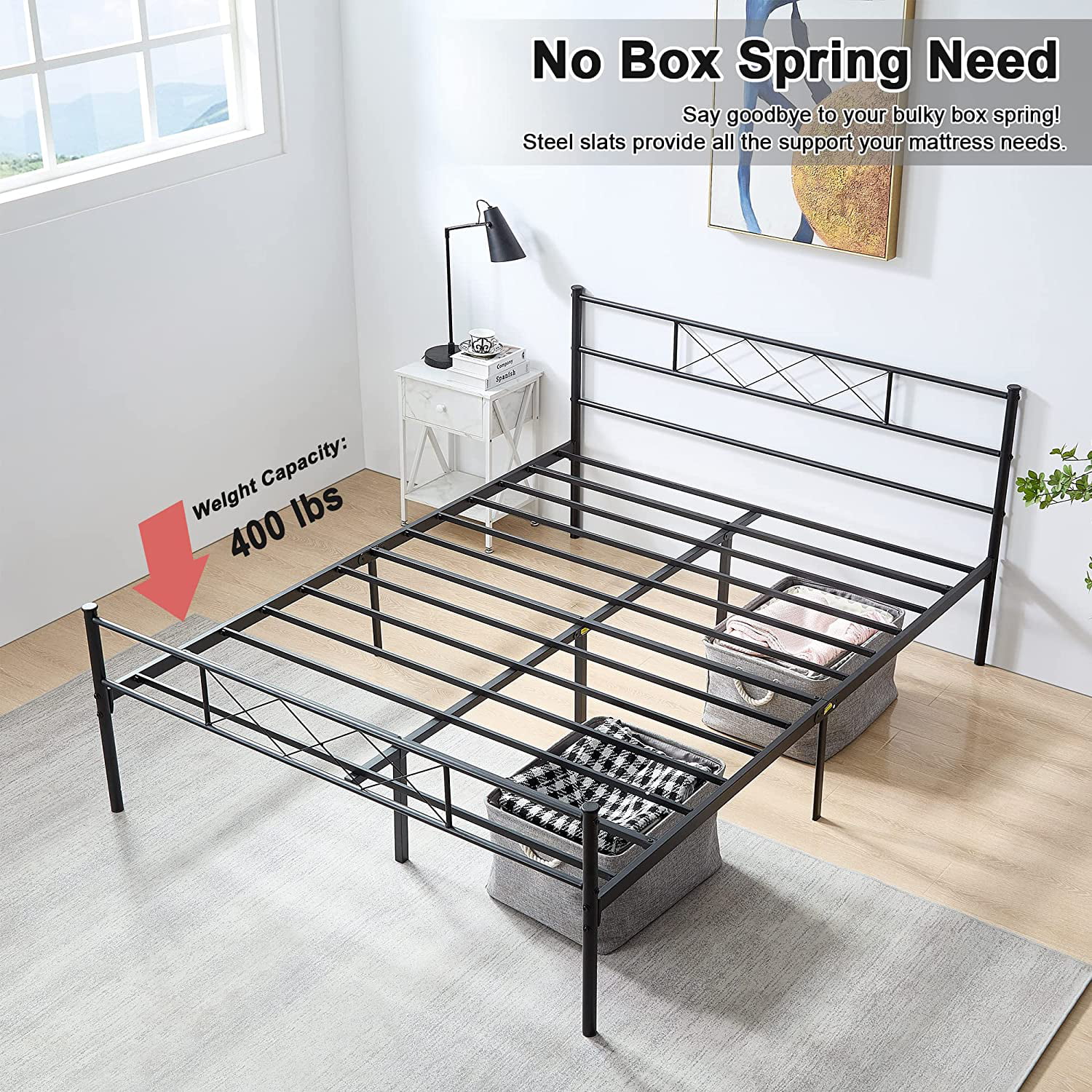 Modern 3-Piece Bedroom Set with Queen Size Bed Frame and 2 Black Nightstands