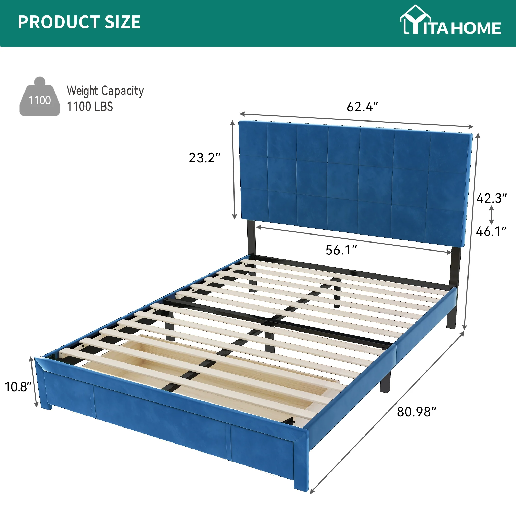 Dextrus Upholstered Bed Frame, Platform Bed Frame with Storage Drawers, Queen Size Bed Include Velvet Headboard Wingback and Strong Wood Slats Support, No Box Spring Needed, Navy