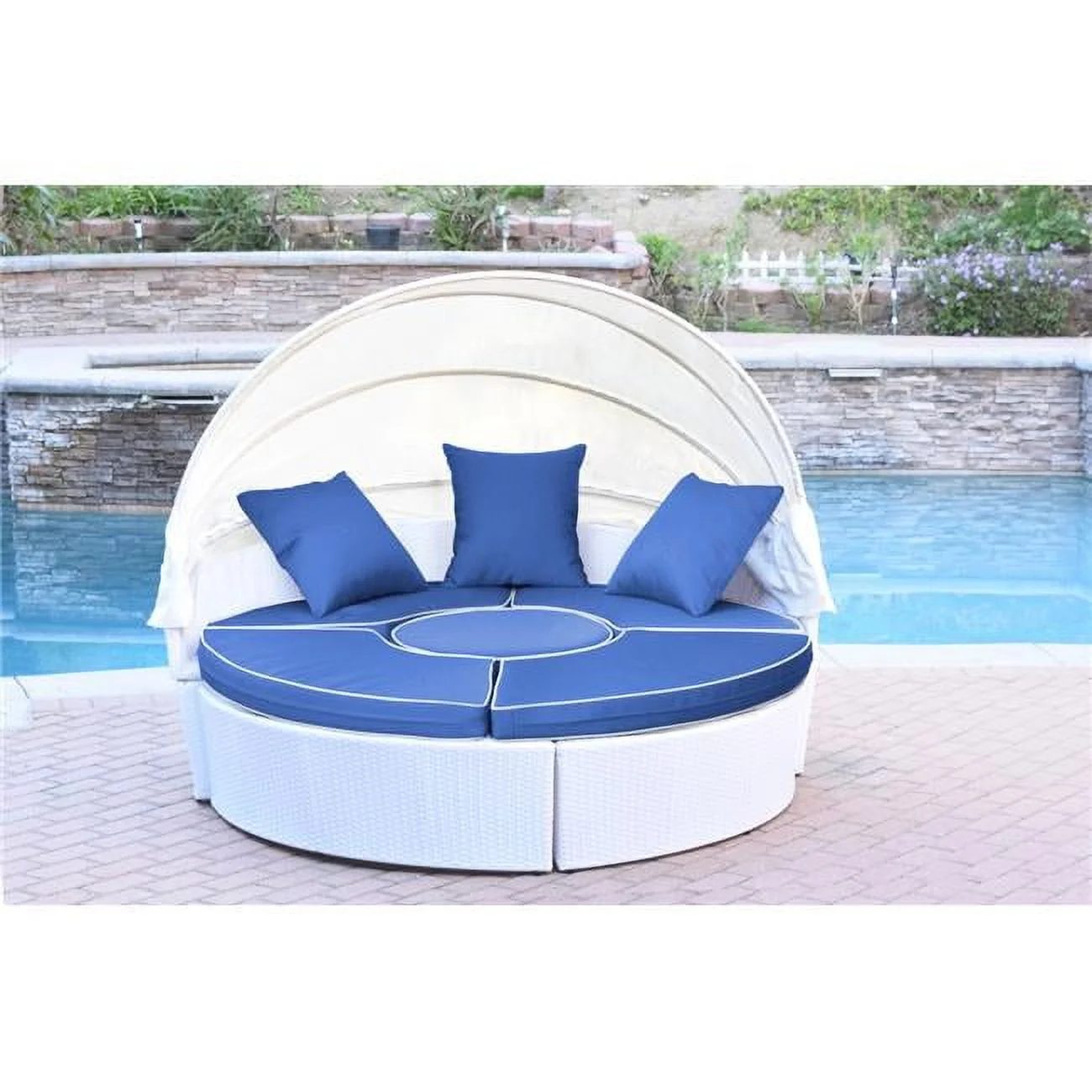 All-Weather White Wicker Sectional Daybed - Midnight Blue Cushions